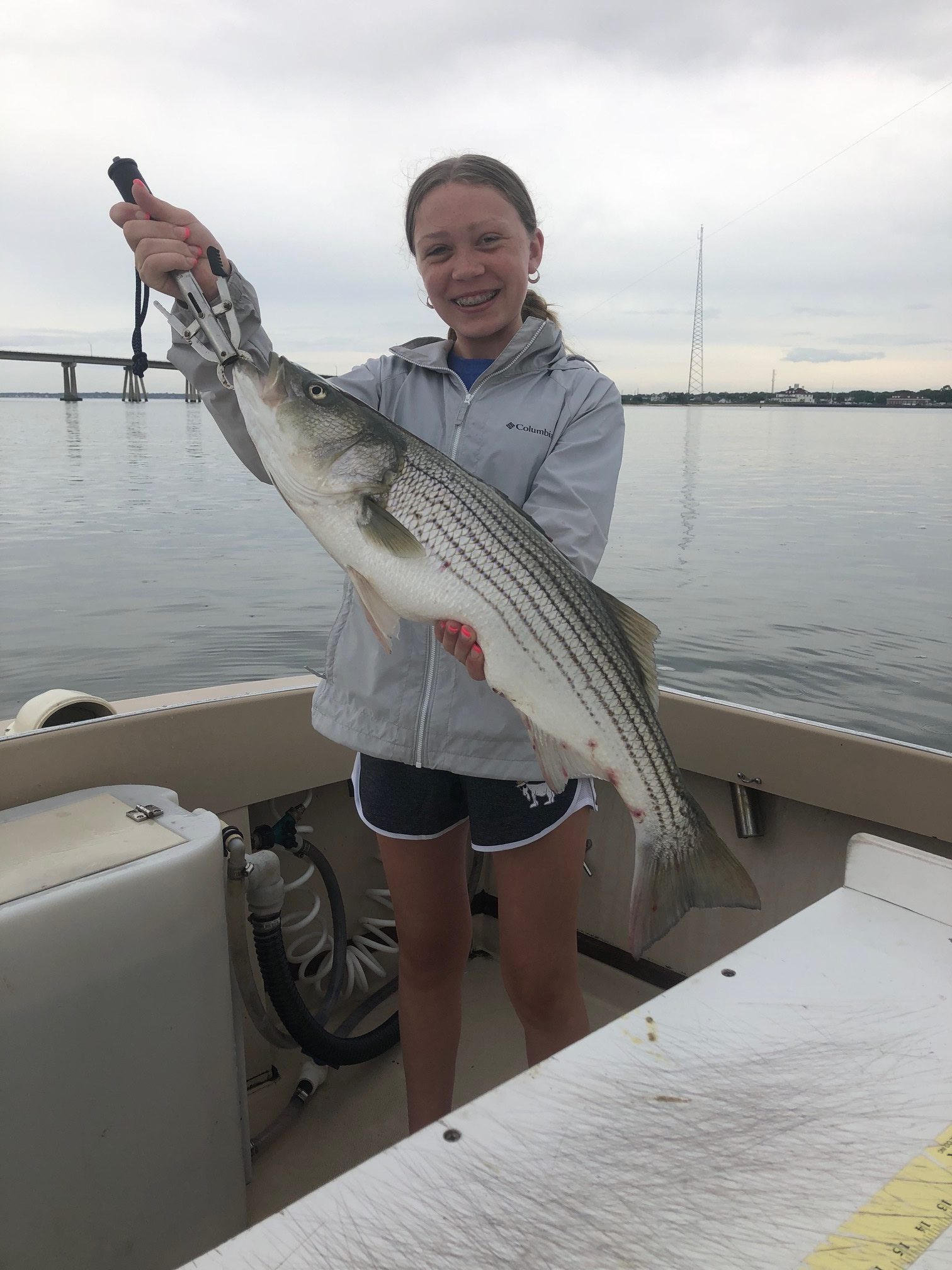 Charleigh Ries caught this nice 33-inch striped bass while fishing with her dad, Capt. Brad Ries of Someday Came Charters, in Shinnecock Bay recently.