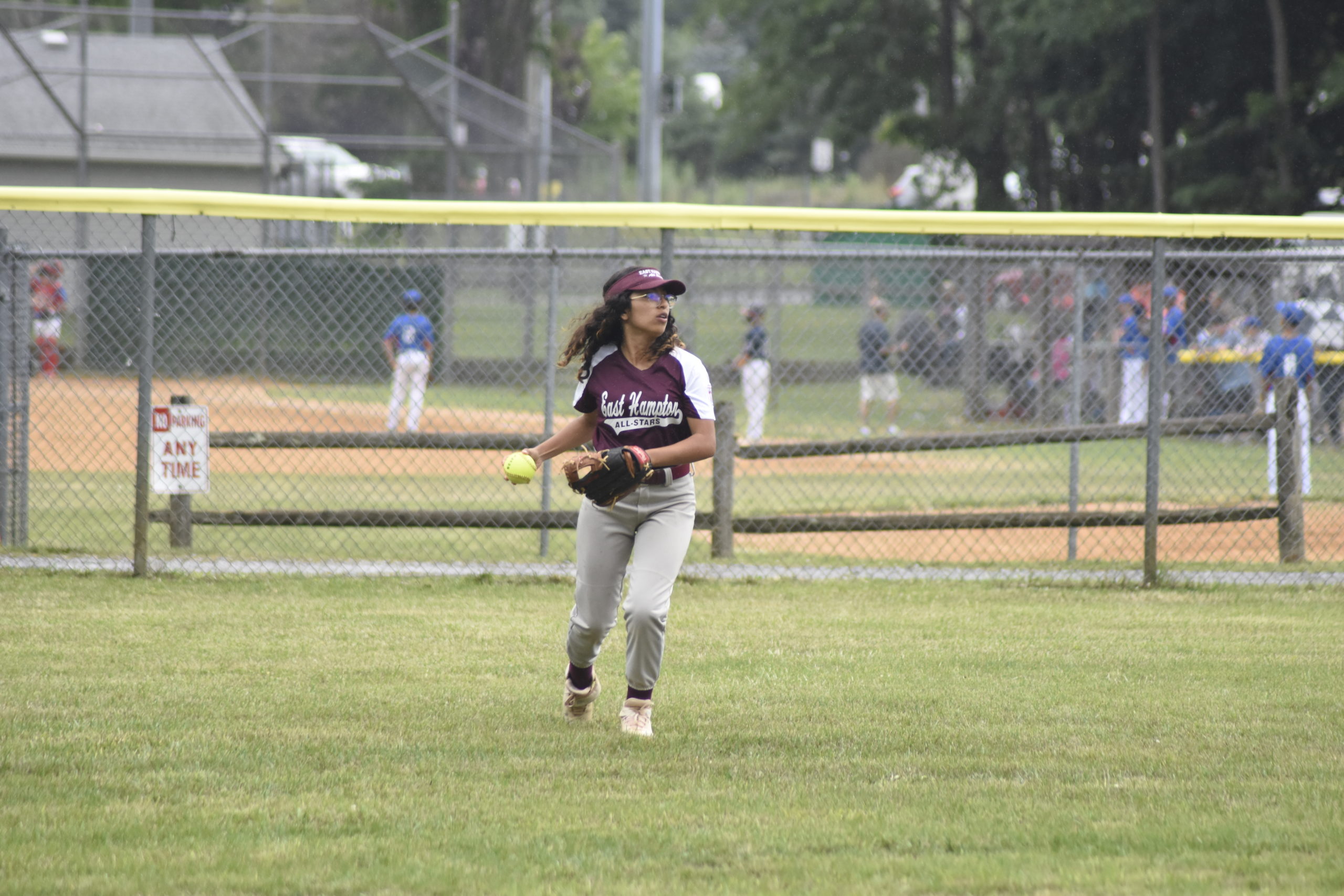East Hampton centerfielder Emily Hurtado catches a fly ball and makes the final out to keep North Shore off the scoreboard in the bottom of the first inning.