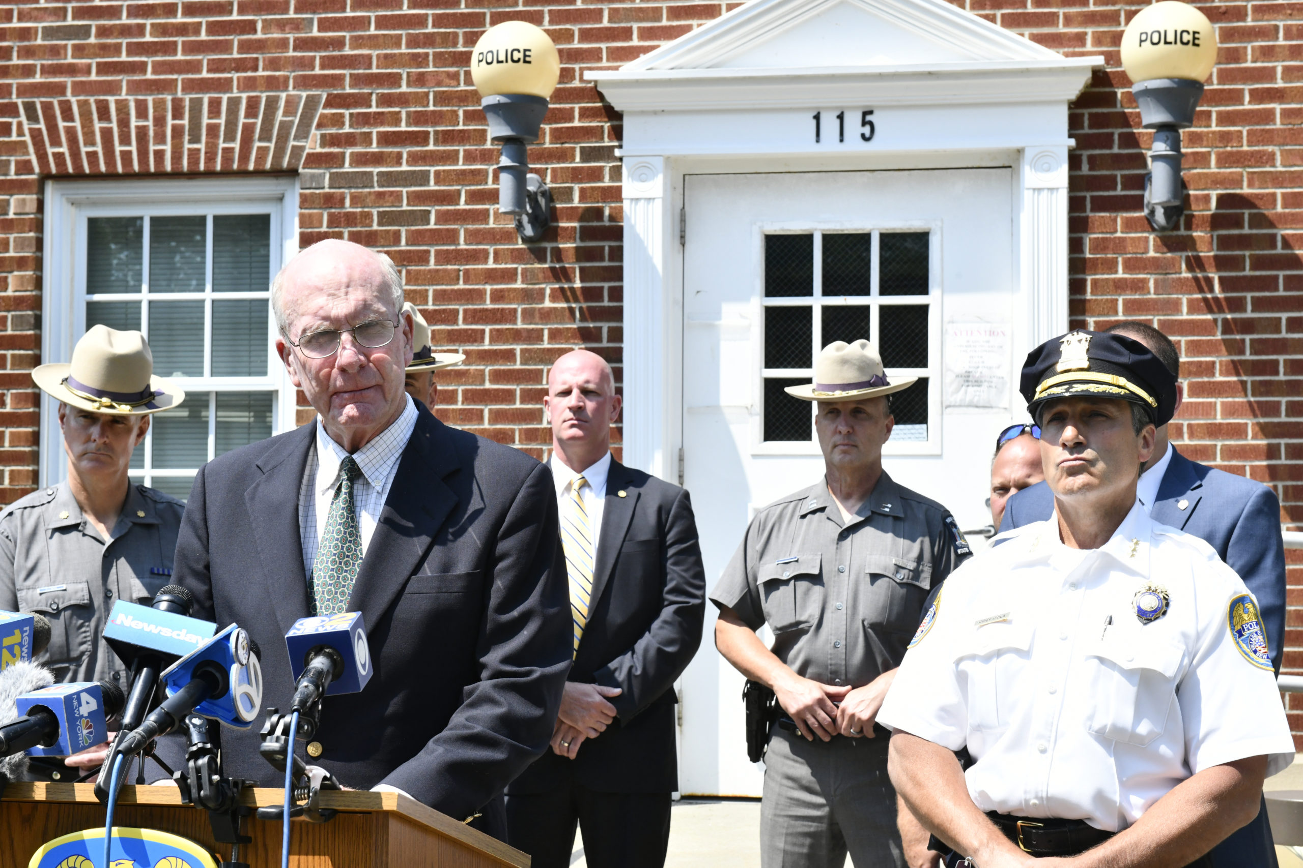Quogue Village Mayor Peter Sartorius and Quogue Village Police Chief Christopher Isola at a press conference at the village police station on Tuesday morning.  DANA SHAW
