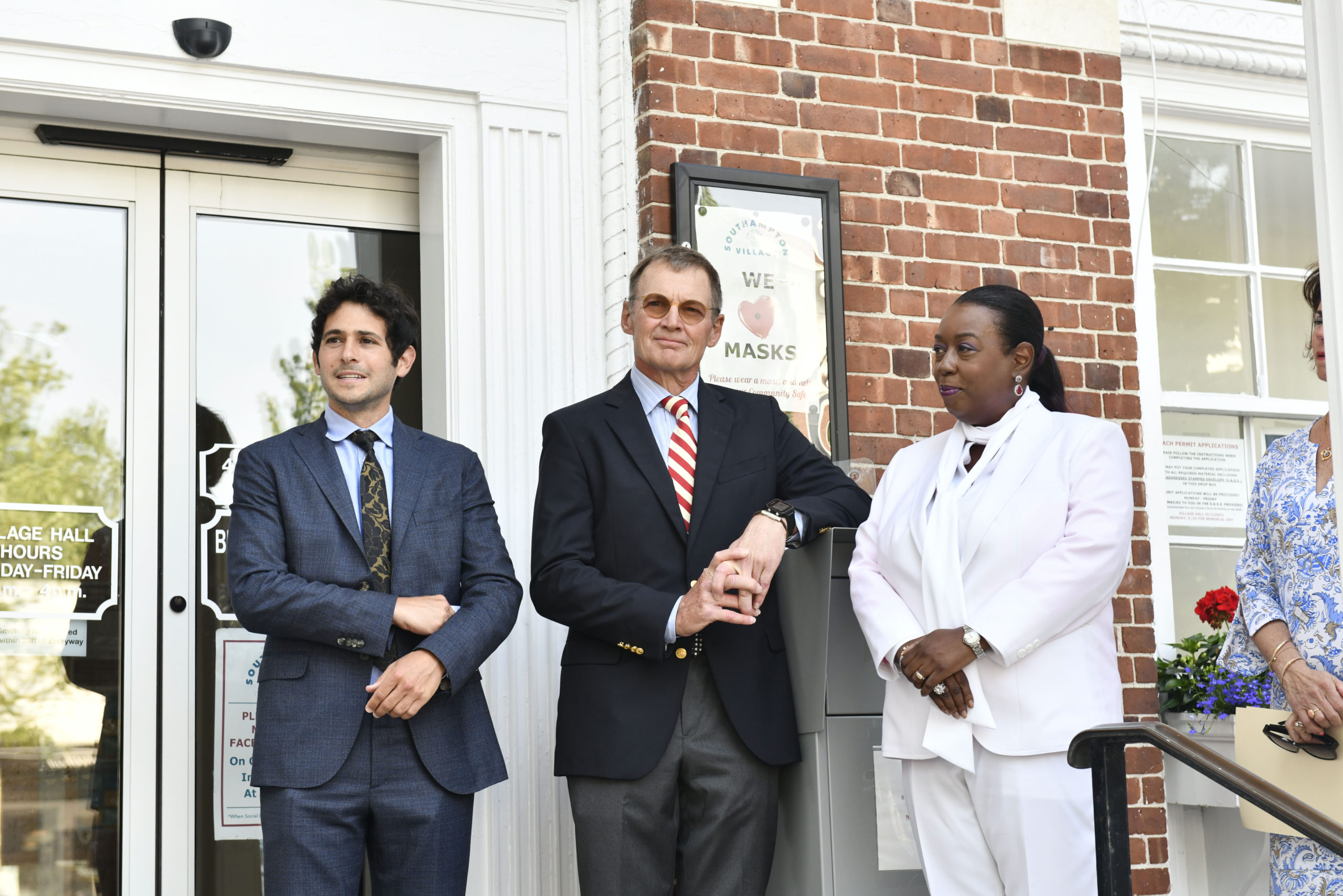 Newly sworn in Southampton Village mayor and Trustees Jesse Warren, Roy Stevenson and Robin Brown on the steps of Village Hall on Tuesday evening.     DANA SHAW