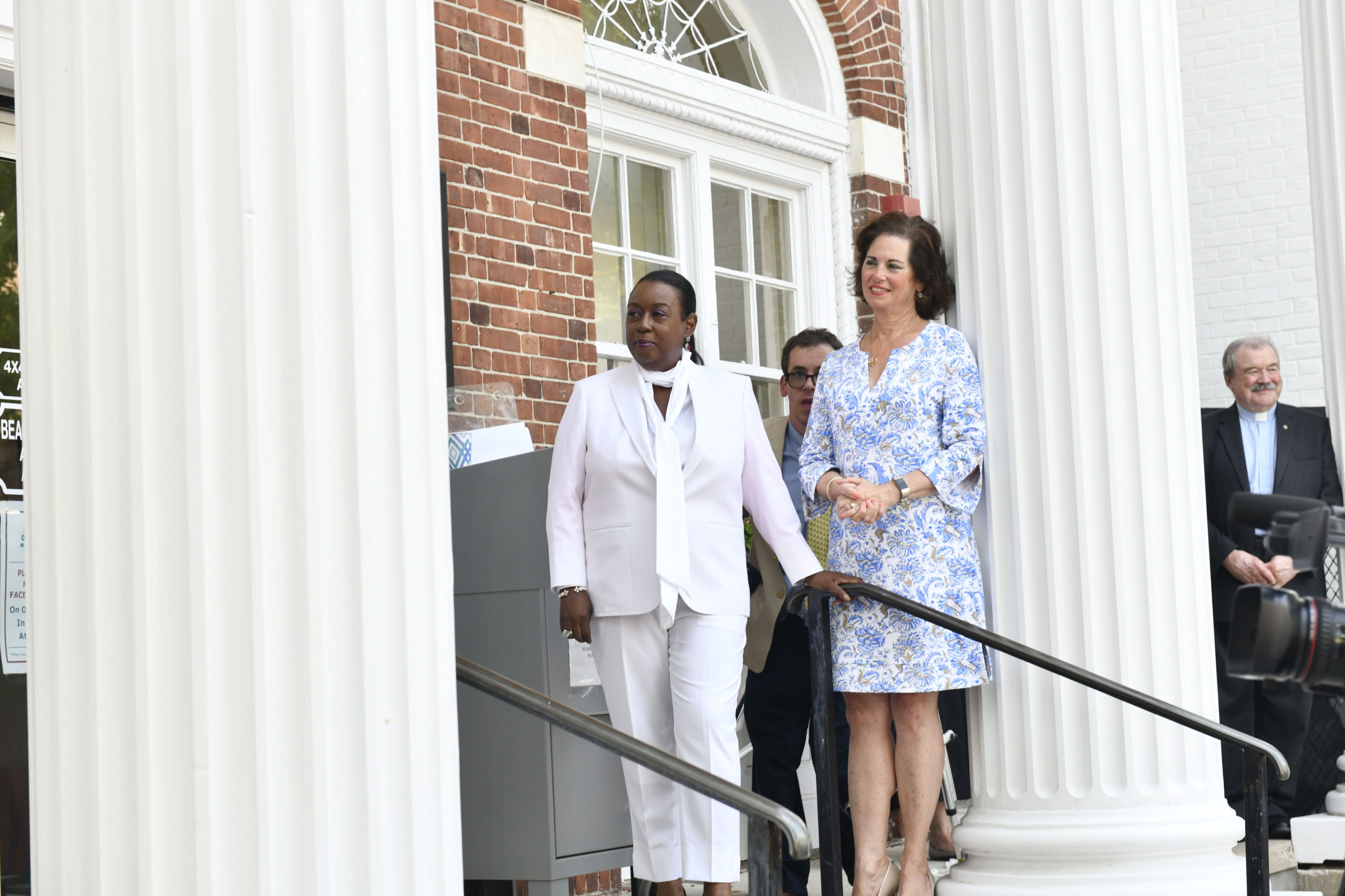 Newly sworn in Southampton Village Trustee Robin Brown with Deputy Mayor Gina Arresta on the steps of Village Hall on Tuesday evening.  DANA SHAW