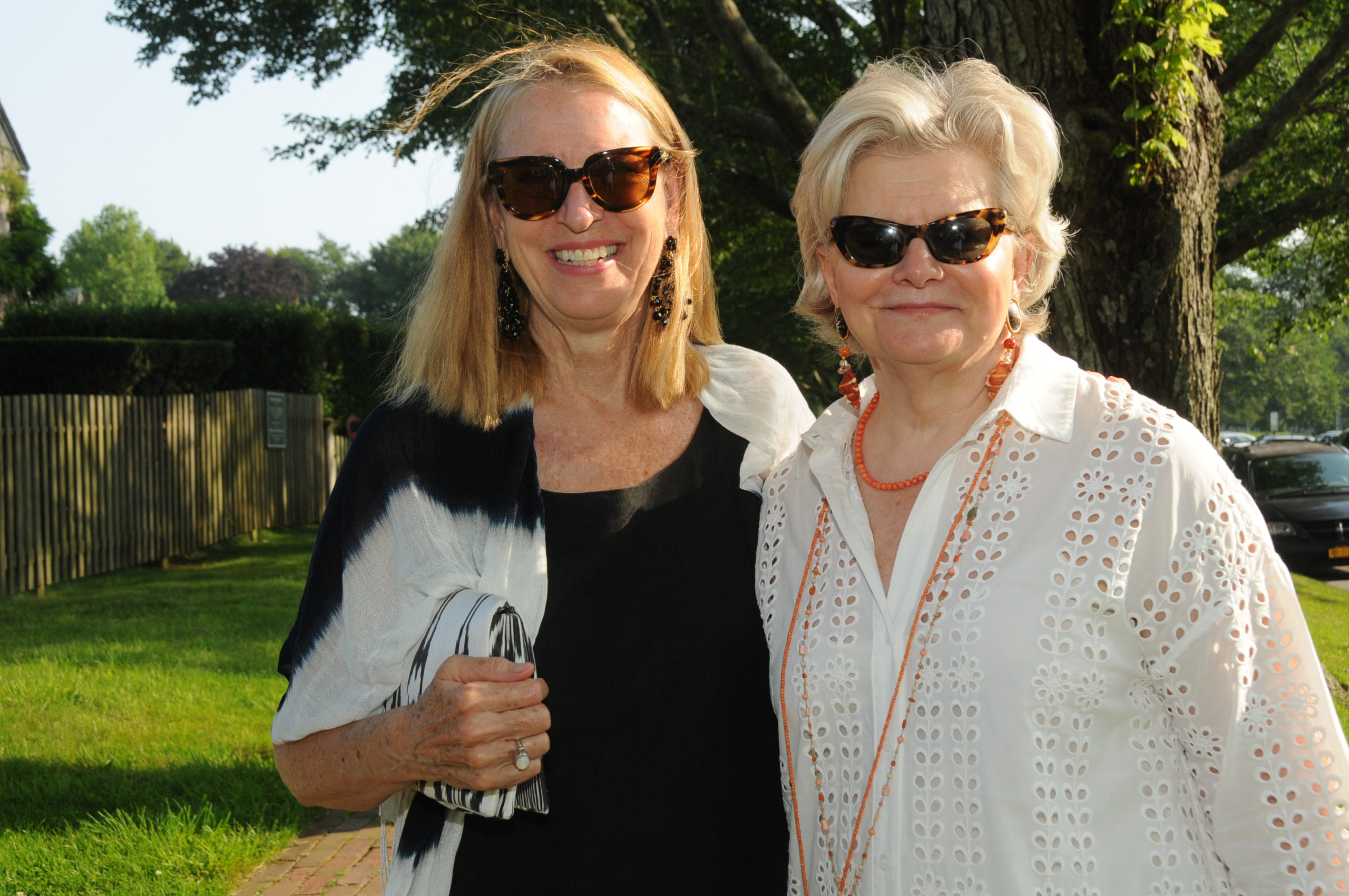 Anne Harris with interior designer Charlotte Moss at the  East Hampton Historical Society's preview benefit cocktail party for the 2021 East Hampton Antiques & Design Show on Friday evening on the grounds of Mulford Farm. RICHARD LEWIN