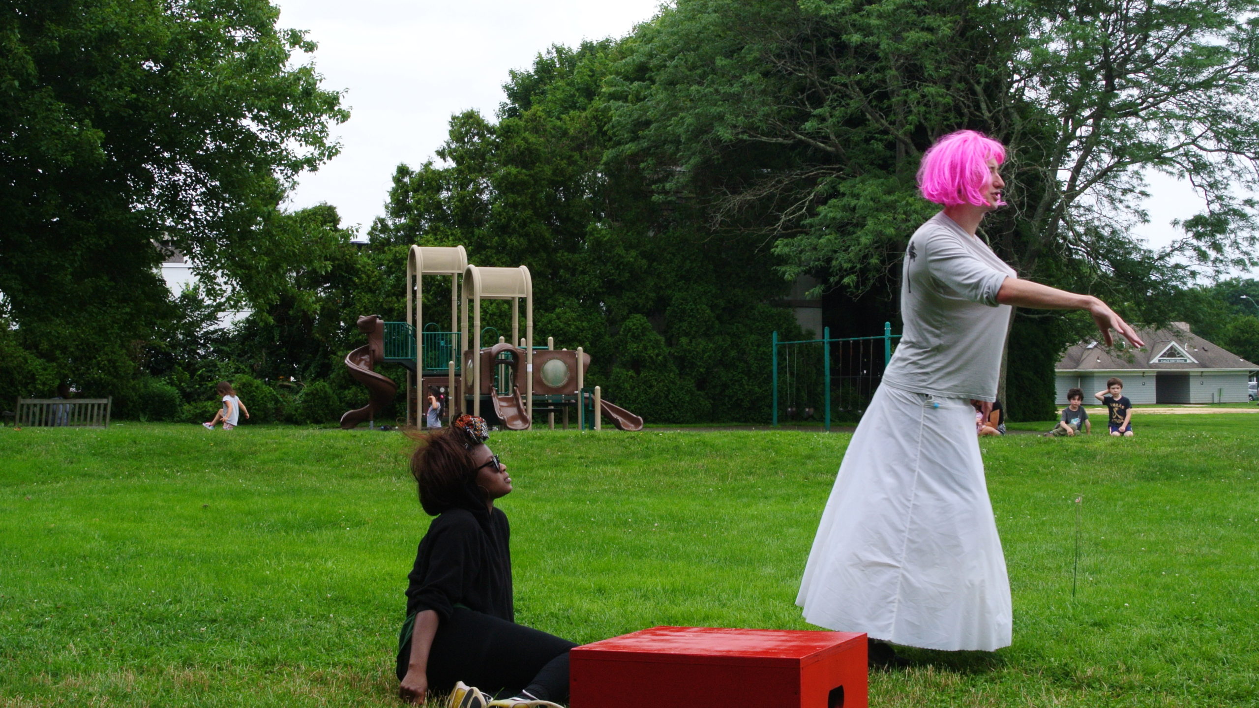 Actors rehearse in East Hampton's Herrick Park.