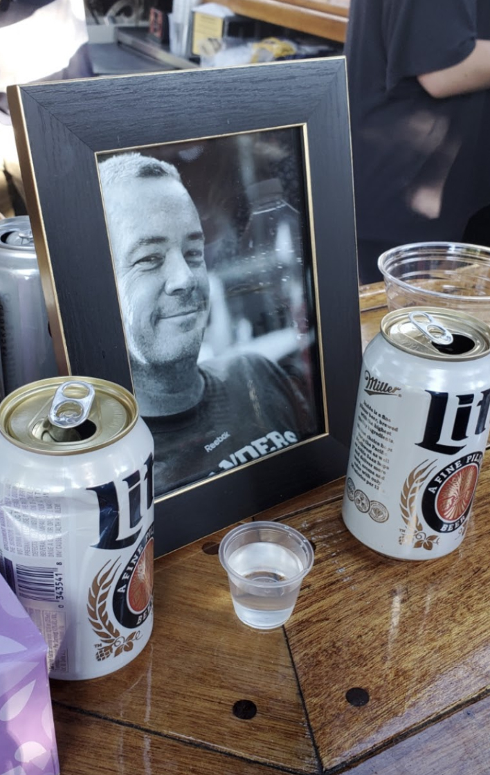 A photo of Terry Beglane on the bar at Beach Bar after funeral services on June 16, with his drinks of choice, a Miller Lite and peppermint schnapps.Reba Knotoff