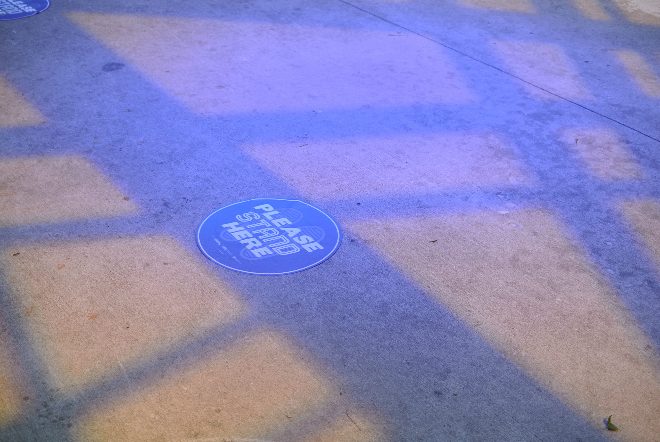 About twenty circular stickers on the ground directed visitors where to stand.