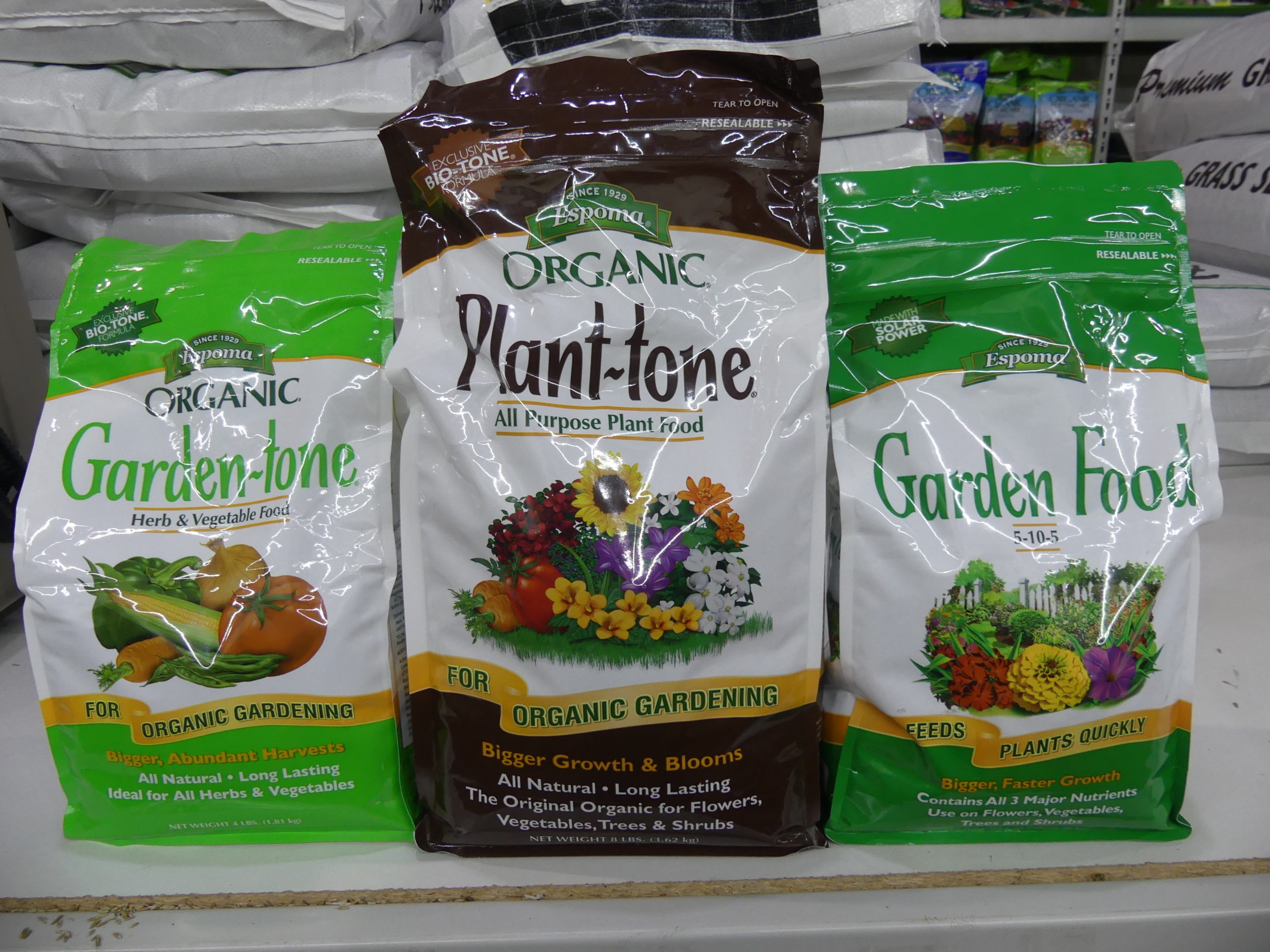 Most gardeners are familiar with the Espoma brand of organics such as the Garden-tone on the left and the Plant-tone in the middle. However, Espoma also sells chemical fertilizers such as the “Garden Food” 5-10-5 on the left. All organic Espoma products say just that, “Organic.”  Choosing the wrong type of fertilizer can cause all kinds of issues if you’re not aware and know how to use the chemical types.