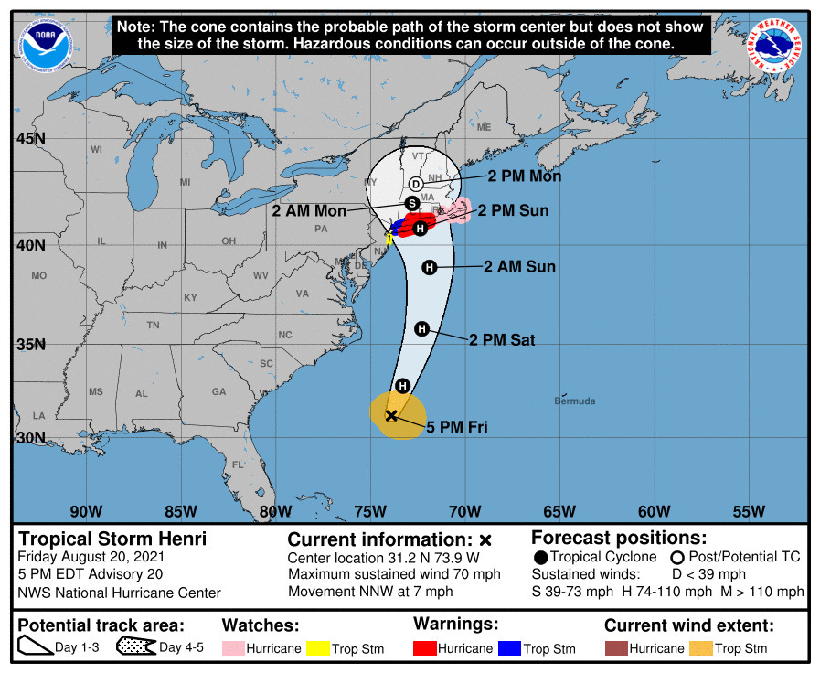 The track forecast for Henri from the National Hurricane Center, as of 5 p.m. Friday. COURTESY NATIONAL HURRICANE CENTER