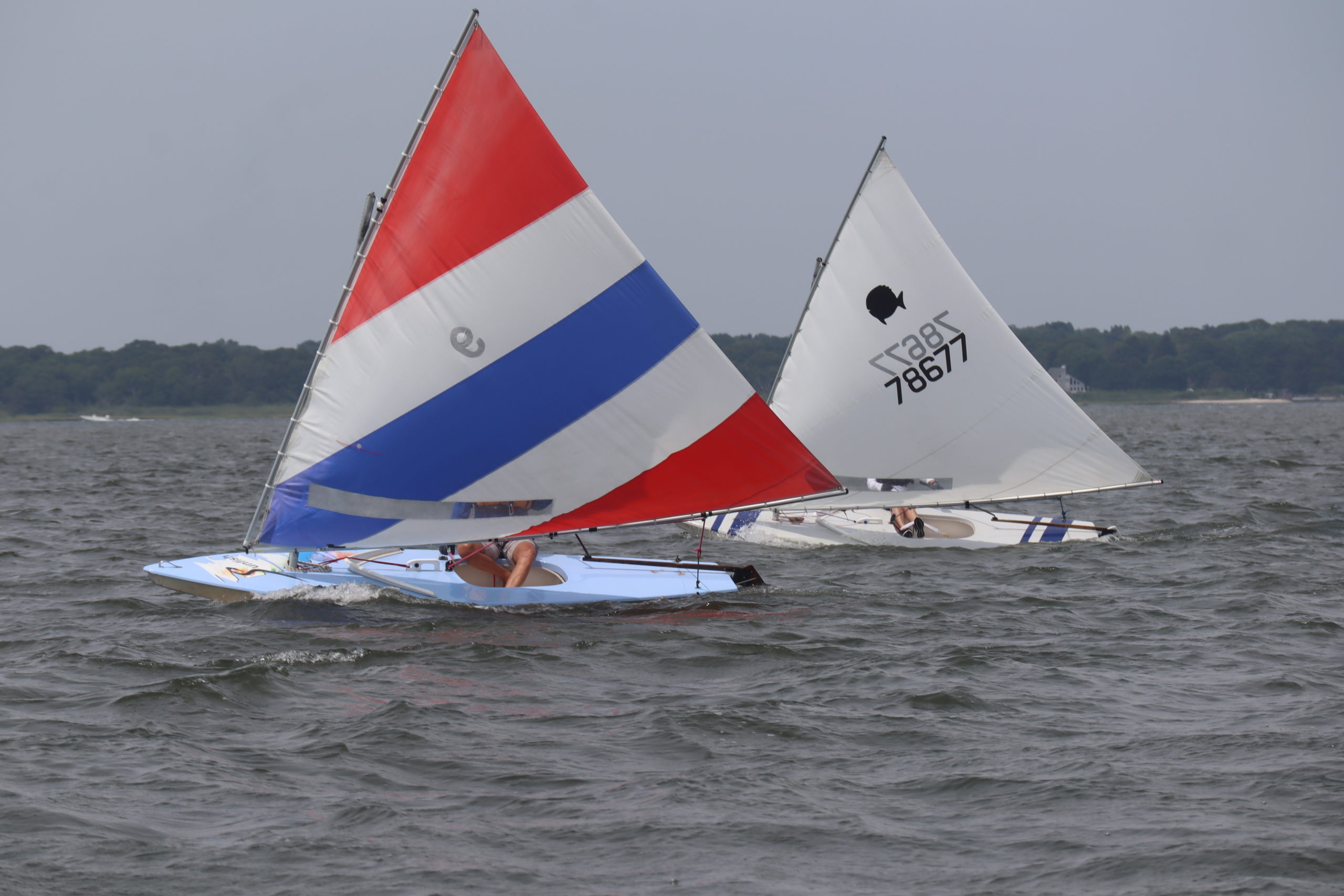 Steve Smetana, left, and Sundy Schermeyer compete in the sunfish races.