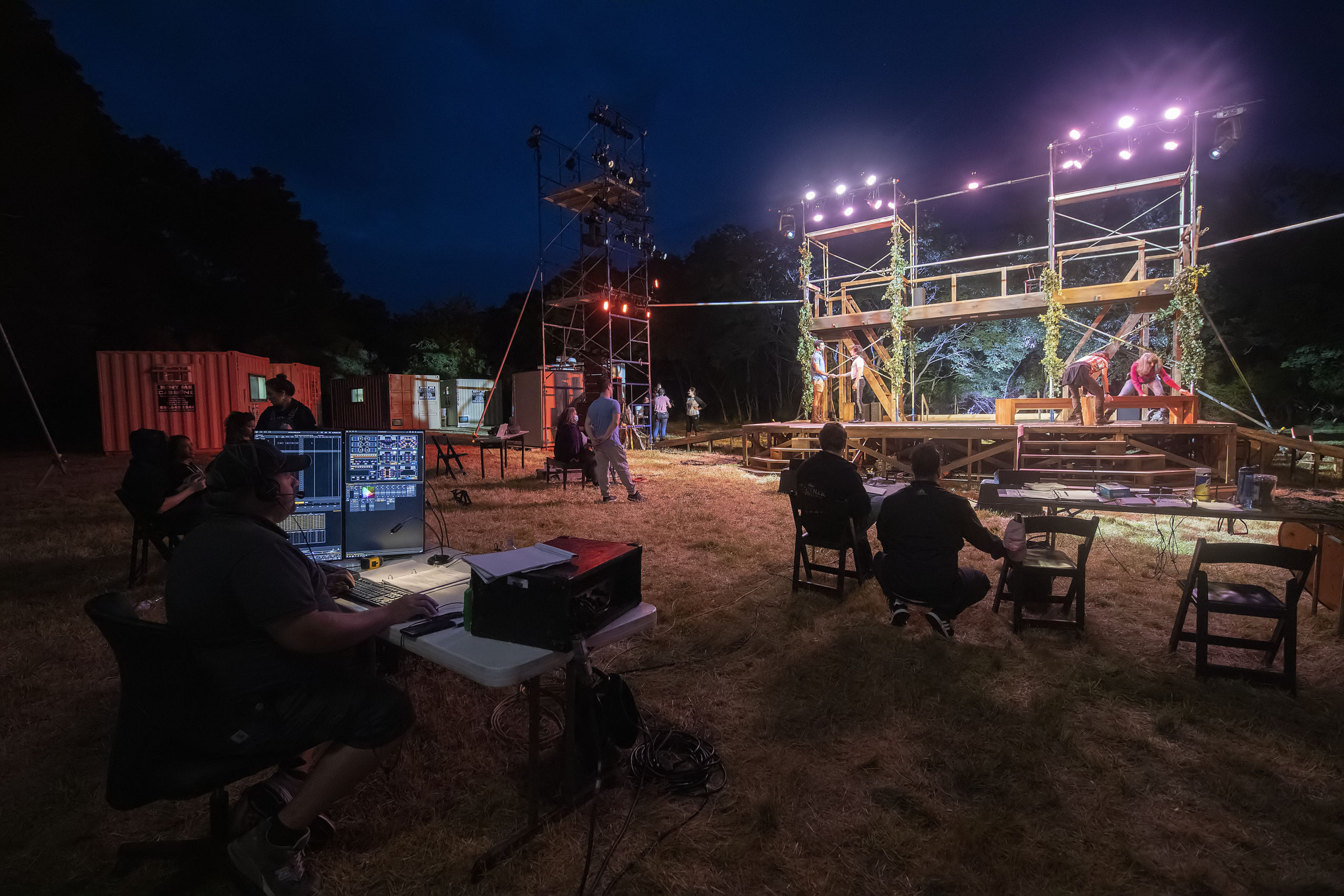 Stage crews go over technical aspects of the show during a rehearsal of Bay Street Theater's production of 