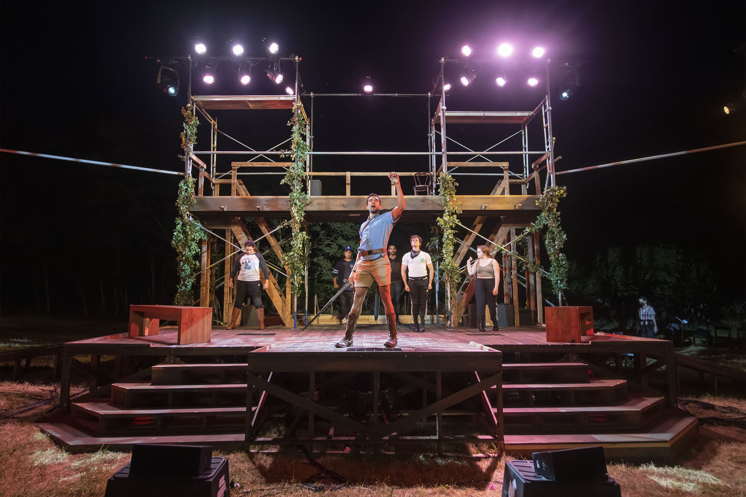 Sir Lancelot (Deven Kolluri) sings during a rehearsal of Bay Street Theater's production of 