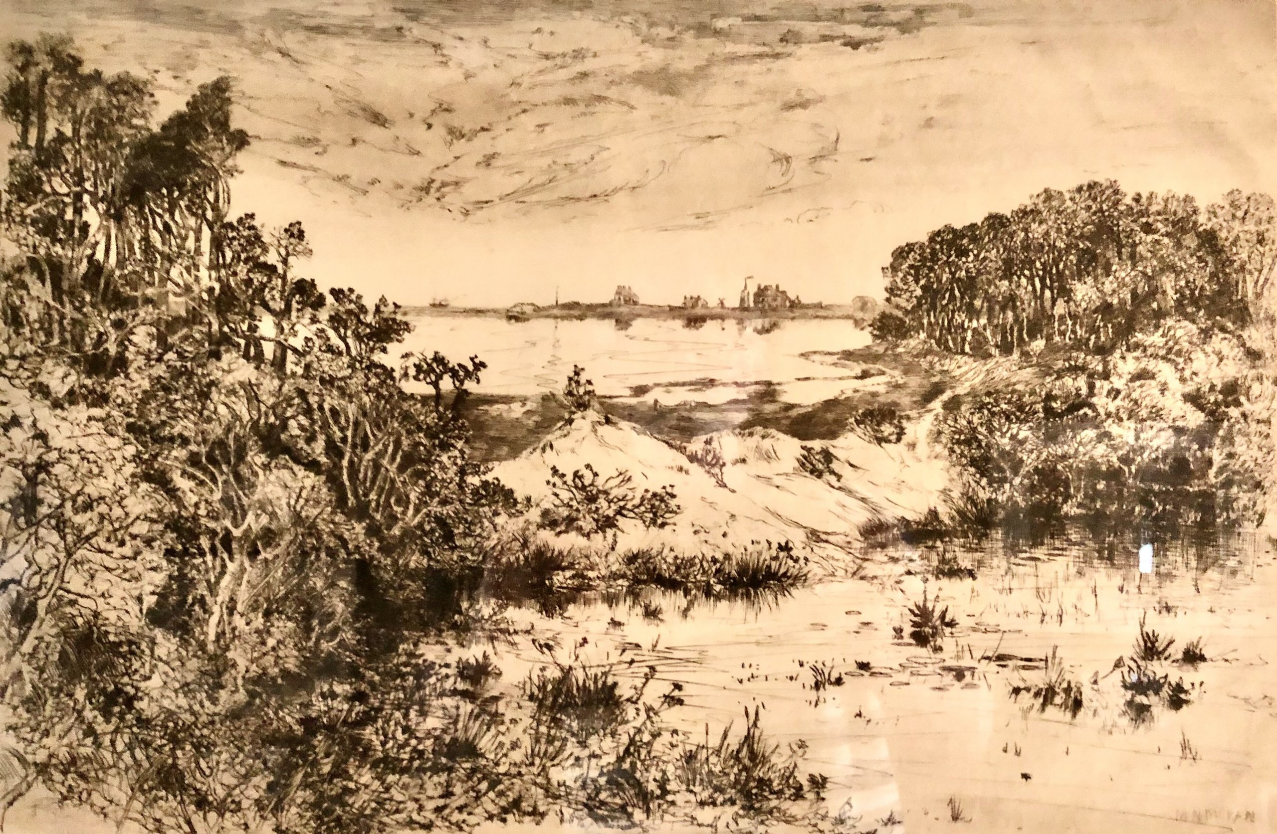 Mary Nimmo Moran, “Georgica Pond Looking Seaward” 1885, etching on paper, East Hampton Library, Thomas Moran Biographical Collection.
