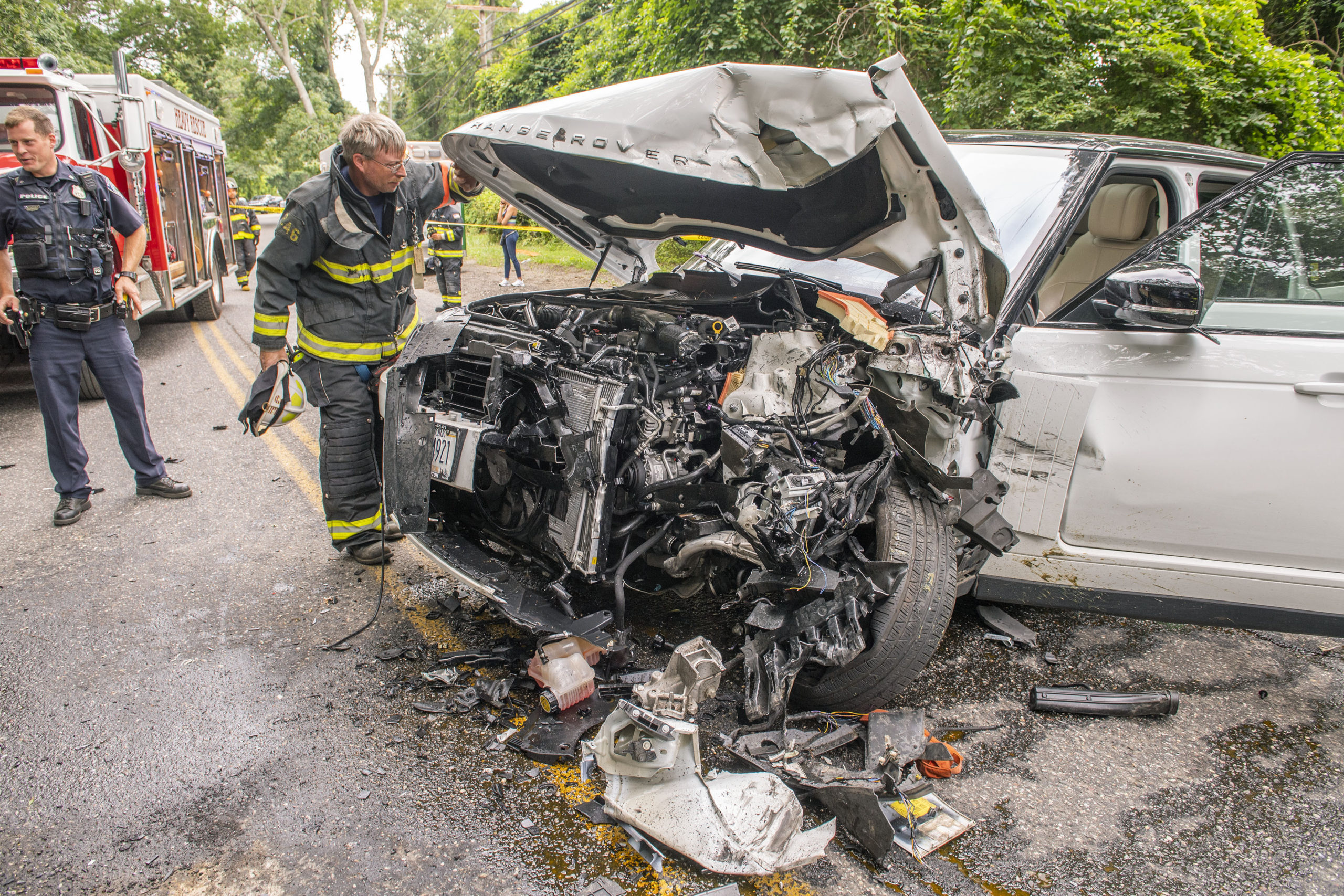 The driver of one of two SUVs that collided head-on near the intersetion of Stephen Hands Path and Two Holes of Water Road had to be cut out of his vehicle by East Hampton Fire Department's Heavy Rescue Squad.