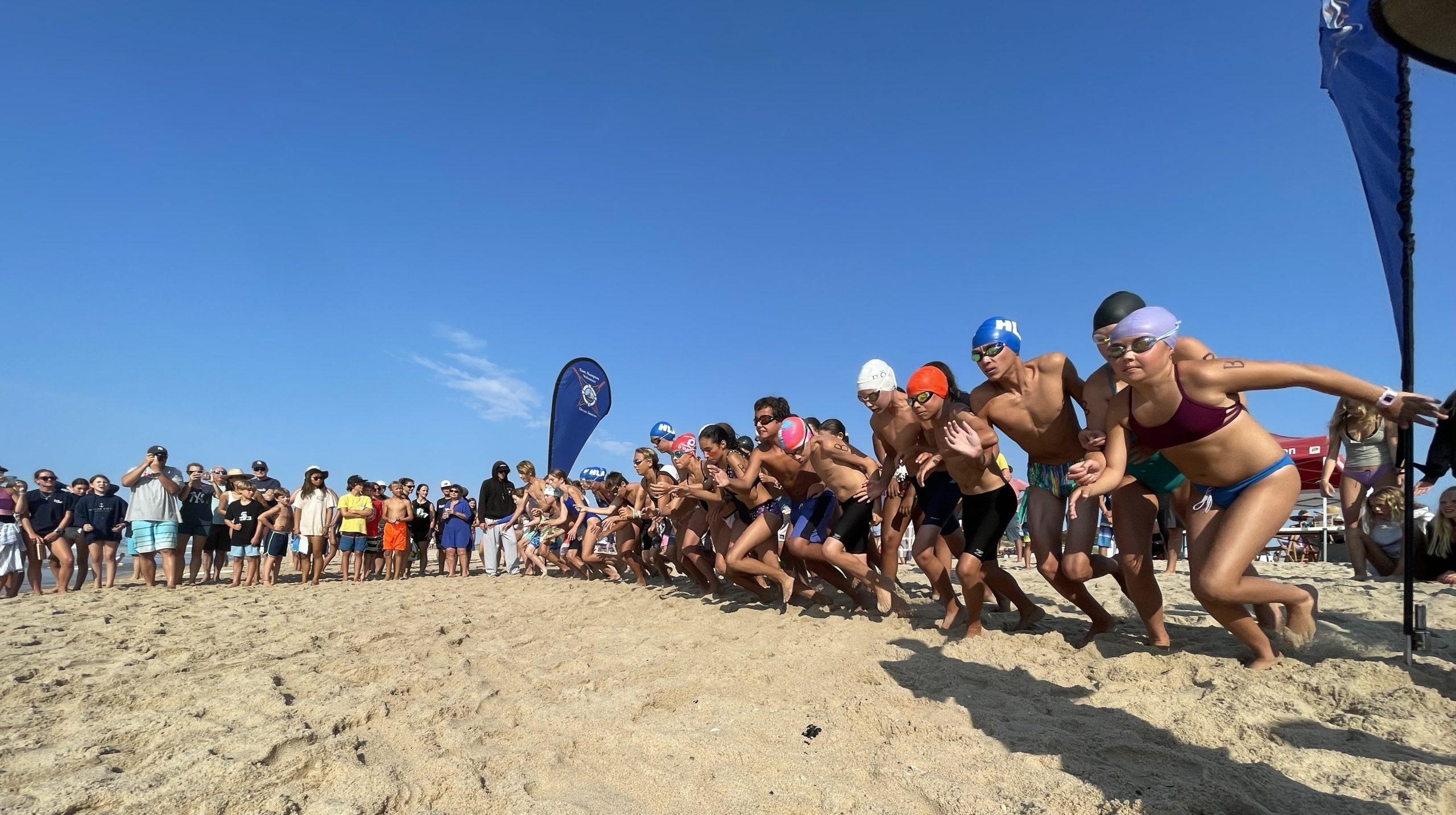 The starting line of the ‘B’ Group Ironguard, won by Liam Knight, third from right in blue cap.