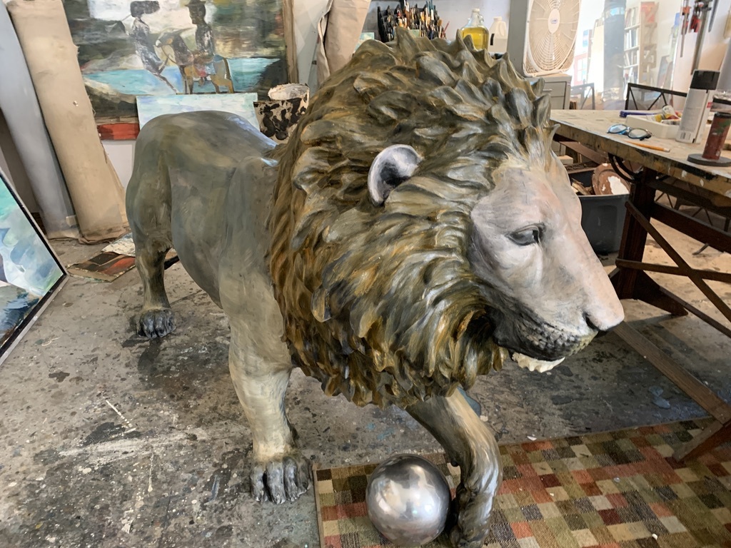 Paton Miller's lion in his Southampton studio and ready to roar.
