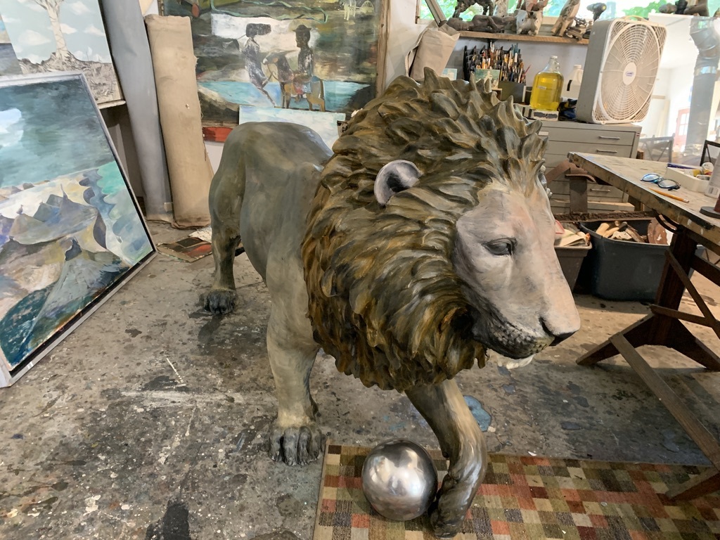Paton Miller's completed lion sculpture in his Southampton studio.