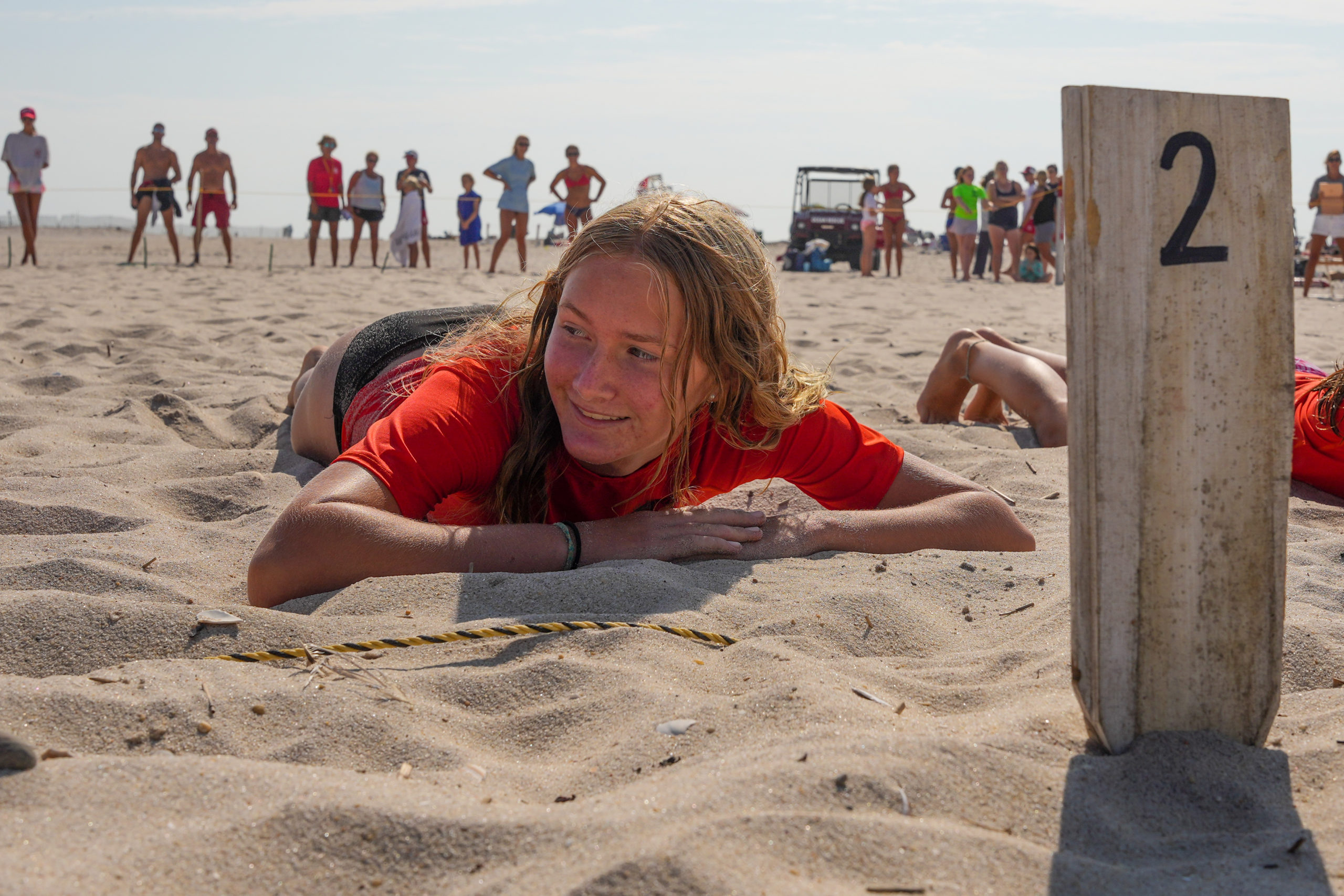 Ava Combuechen awaits the whistle to start beach flags.