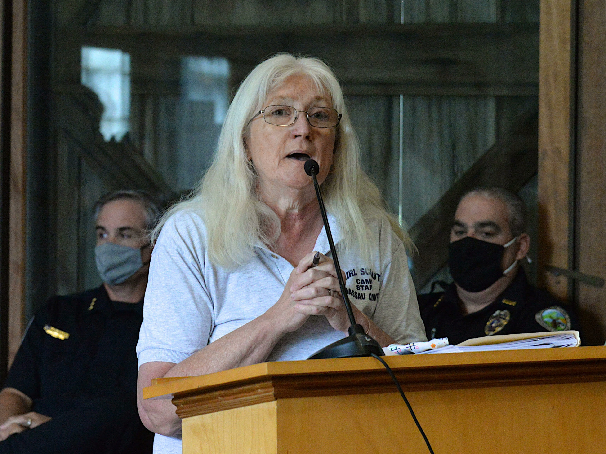 Laura Bisset-Carr, the director of Camp Blue Bay, told the East Hampton Town Board on Tuesday that the Girl Scouts of Nassau County, which owns the camp, would revisit the 120-foot height limit they had placed on the allowable height of a cellular tower on their property in light of the town's need for at least 150-foot tower for it's emergency communications equipment.