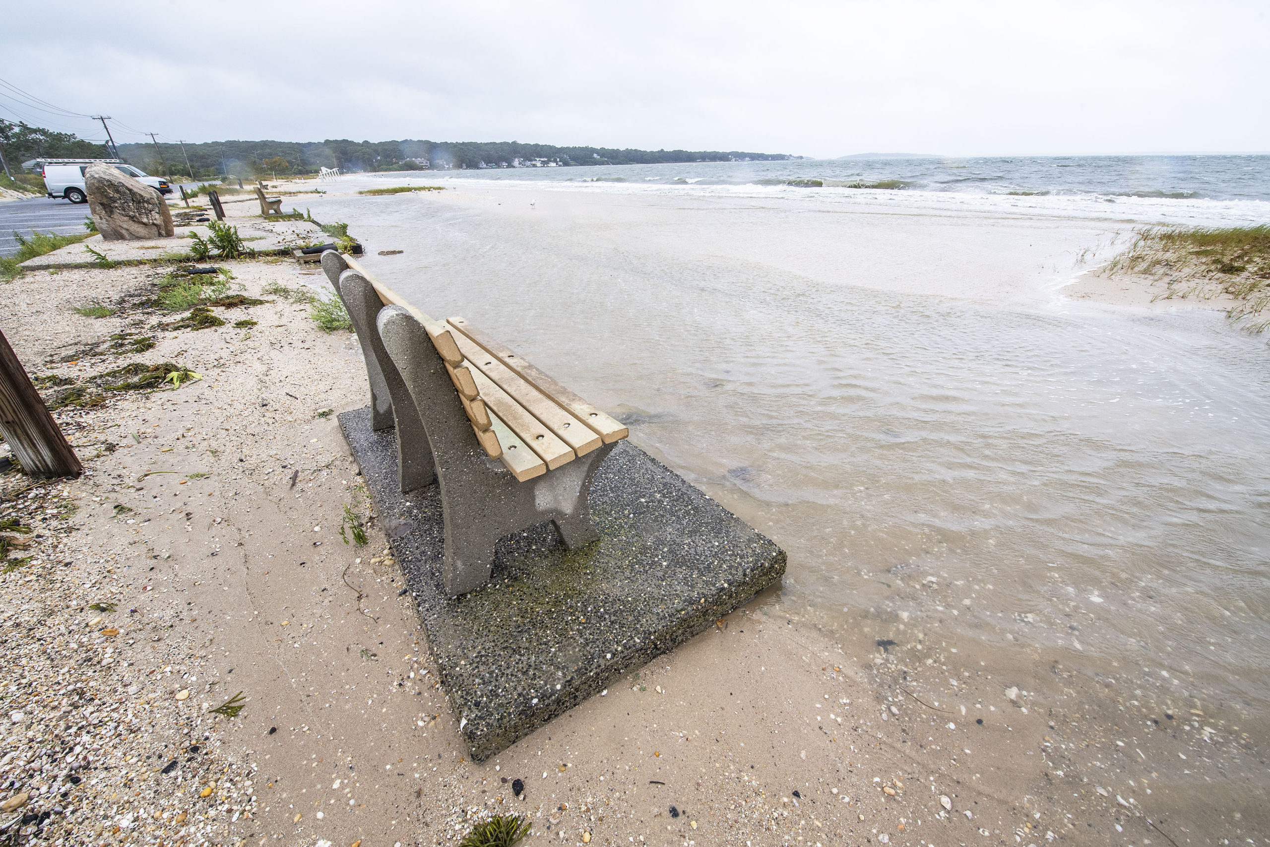 Storm surge along Long Beach in Sag Harbor during Tropical Storm Henri on Sunday.  MICHAEL HELLER
