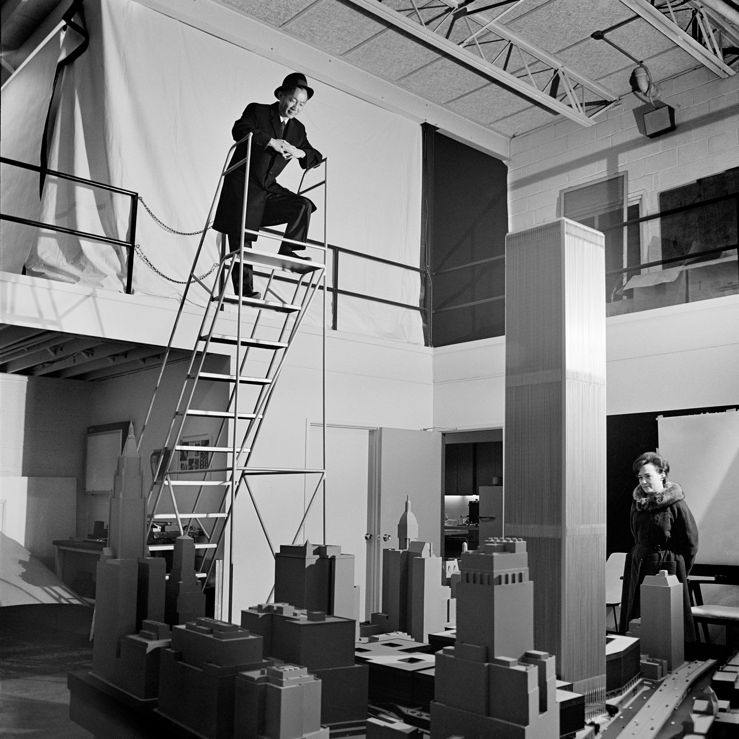 Minoru Yamasaki and assistant with model of World Trade Center. c. 1969 Balthazar Korab, photographer (courtesy of the Library of Congress).