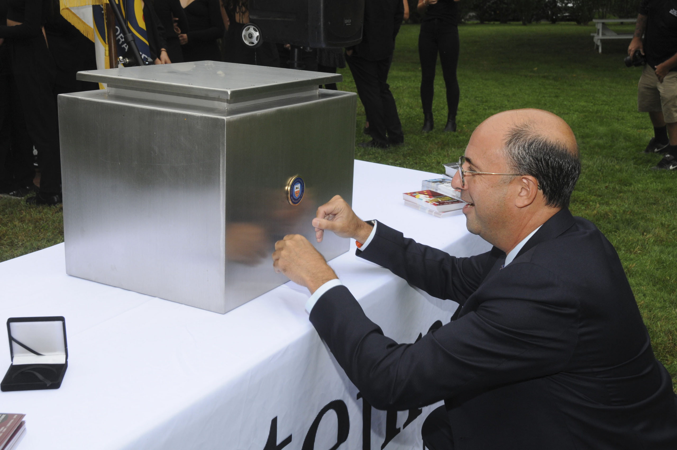 Bradford Billet,  President of the East Hampton  Village Foundation, with the time capsule.  RICHARD LEWIN