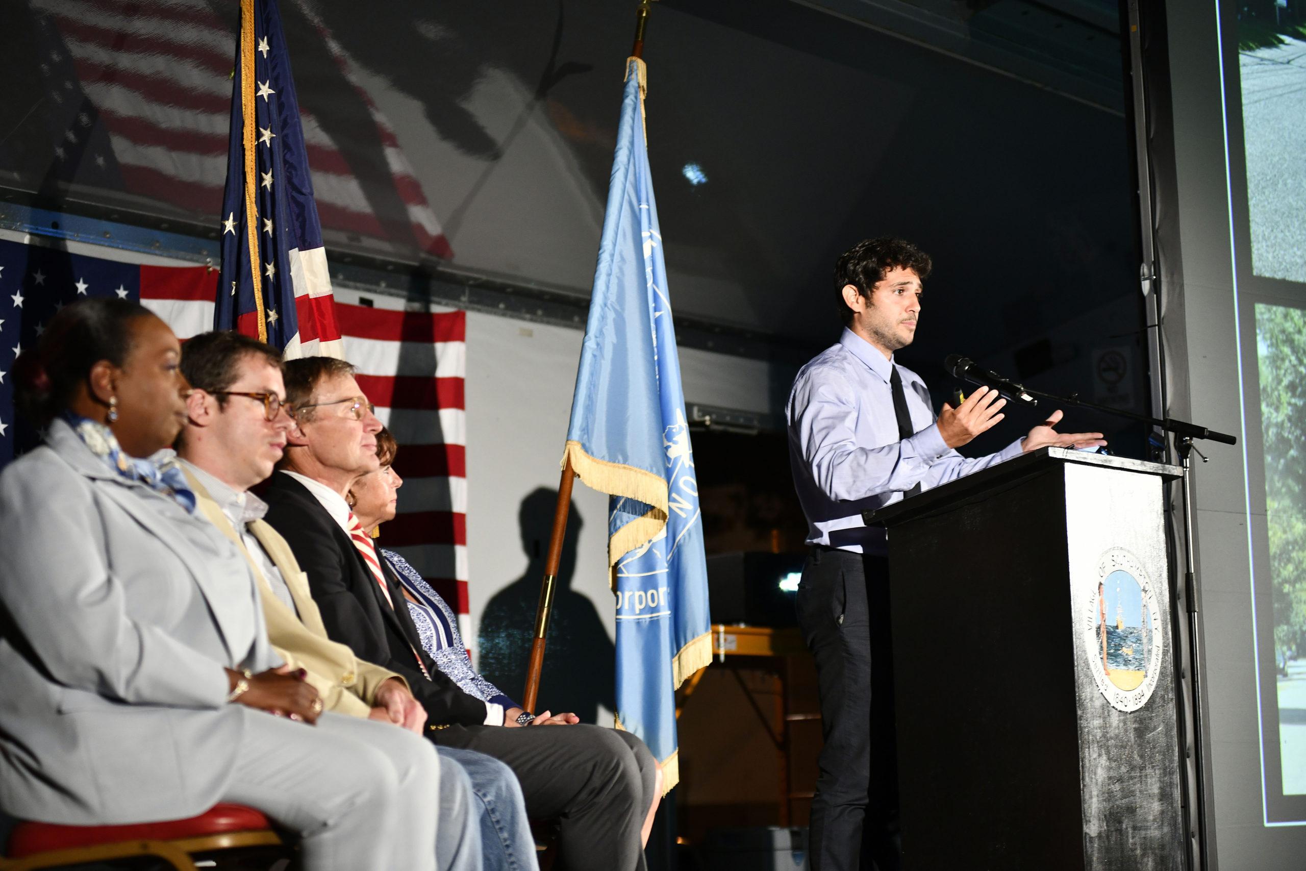 The Southampton Village Trustees and Mayor Jesse Warren during the State of the Village address on Tuesday night in Agawam Park.   DANA SHAW