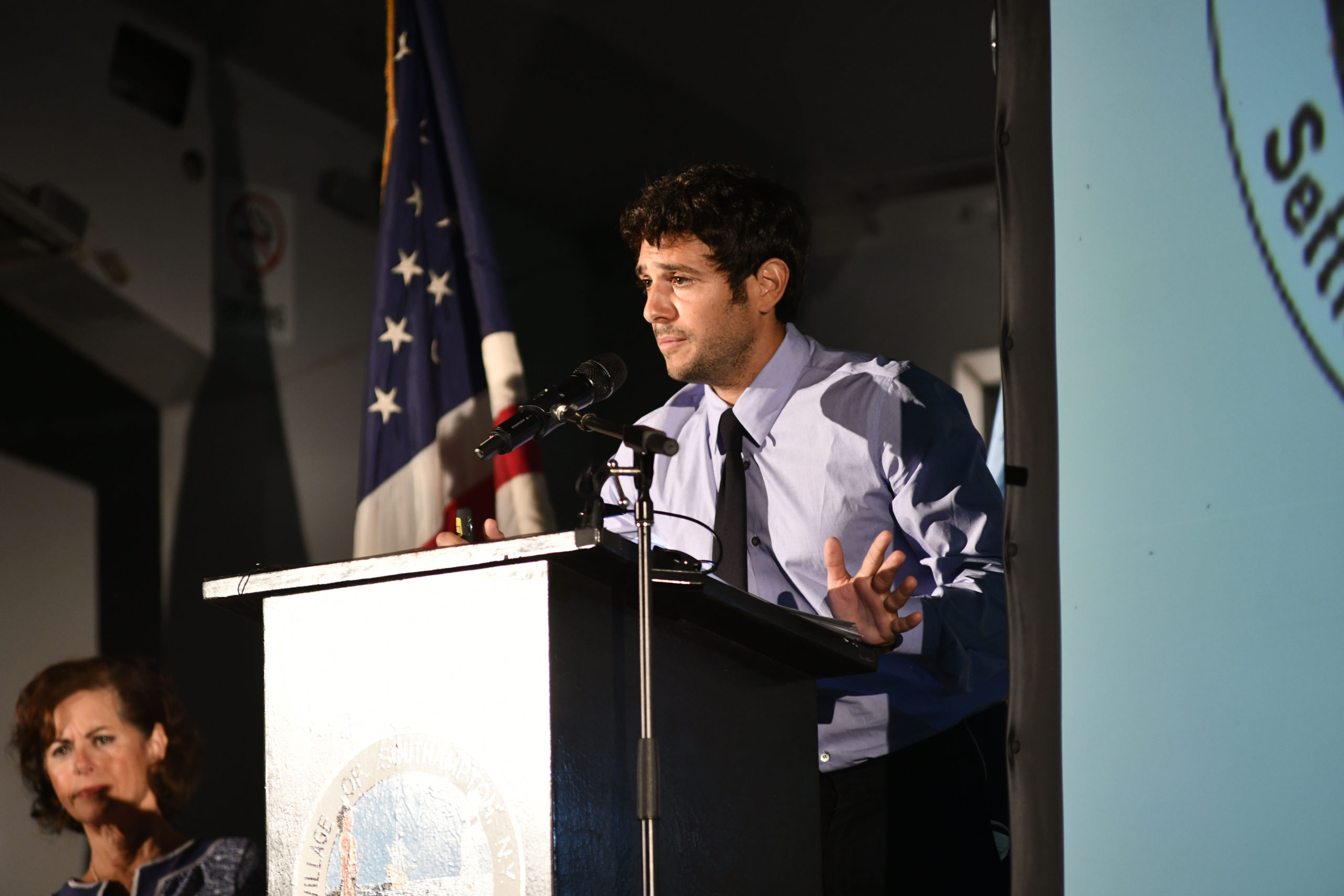 Southampton Village Mayor Jesse Warren delivered the State of the Village address in Agawam Park on Tuesday night.  DANA SHAW