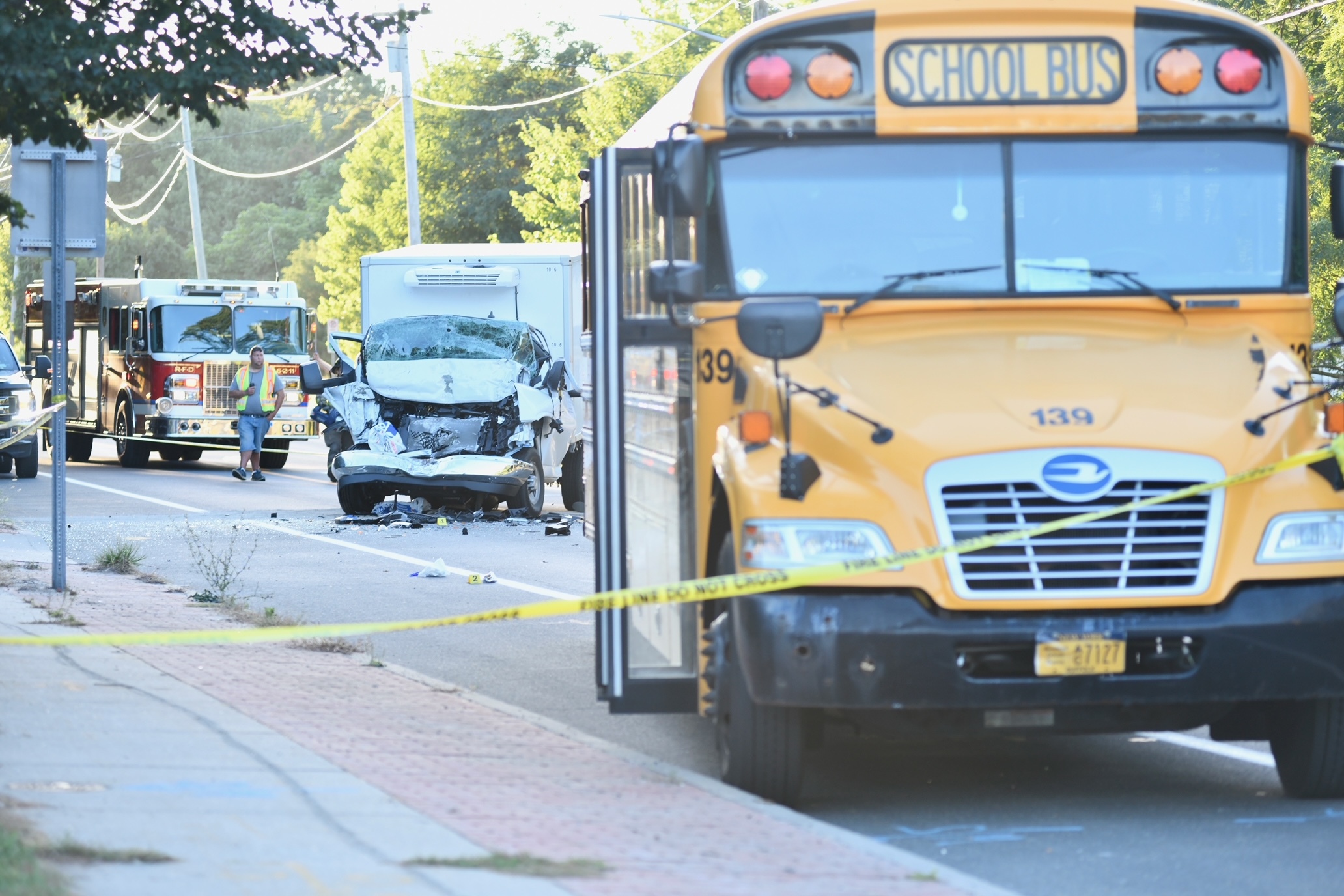 A collision involving a school bus and a box truck  in Riverside on Monday afternoon closed Flanders Road for hours.