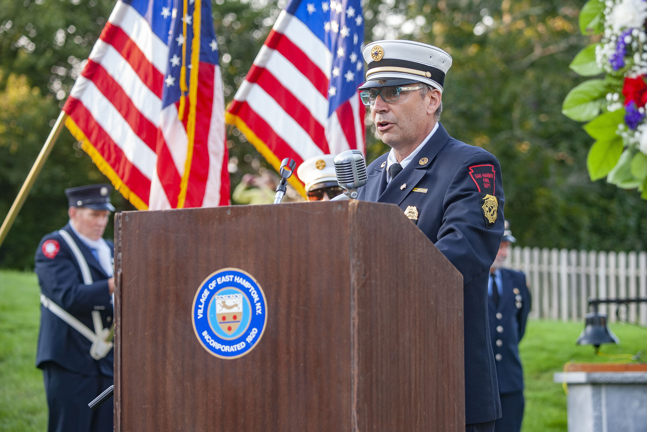 Sag Harbor Fire Department Ex-Chief Tom Gardella gave the Chaplain's address during a ceremony commemorating the 20th anniversary of the attack on the World Trade Center, held on the Village Green in East Hampton and attended by 11 different East End fire, police and EMS agencies on Saturday afternoon.