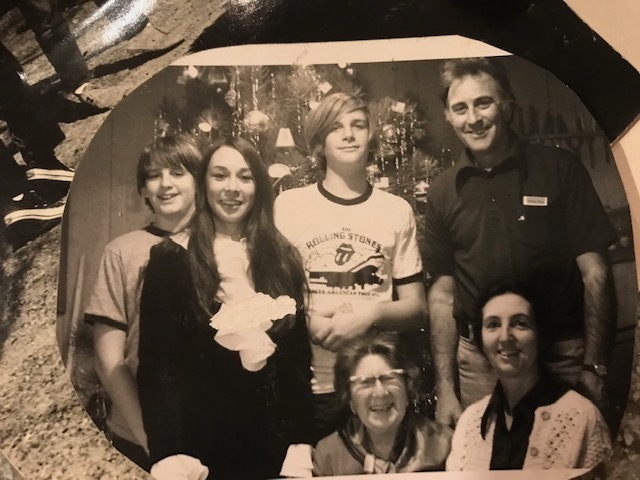 A Christmas portrait of the de Waal family. Gregg is in the center, wearing the Rolling Stones T-shirt.