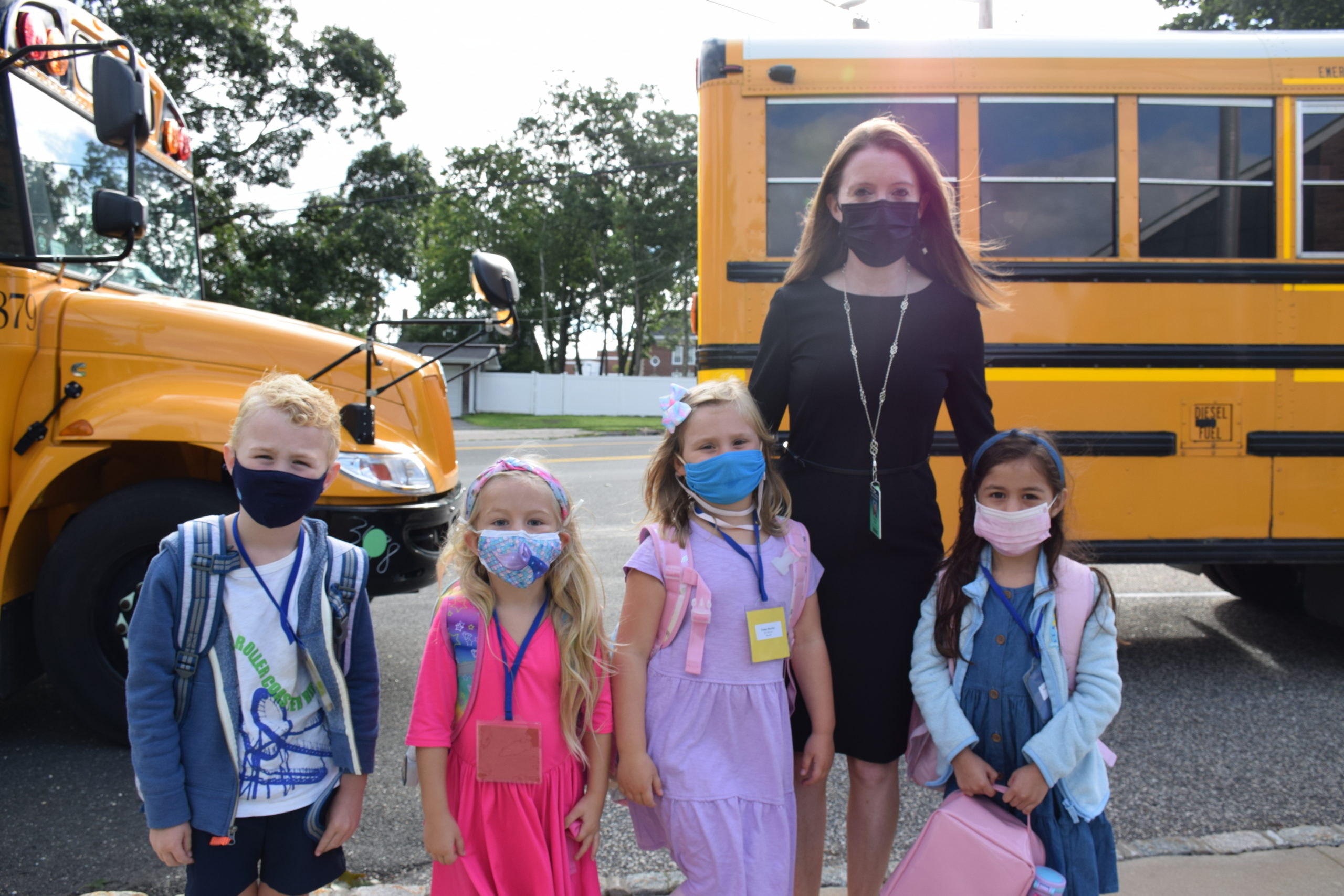 Superintendent of Schools Dr. Carolyn Probst greets students on their first day of school last week in Westhampton Beach.