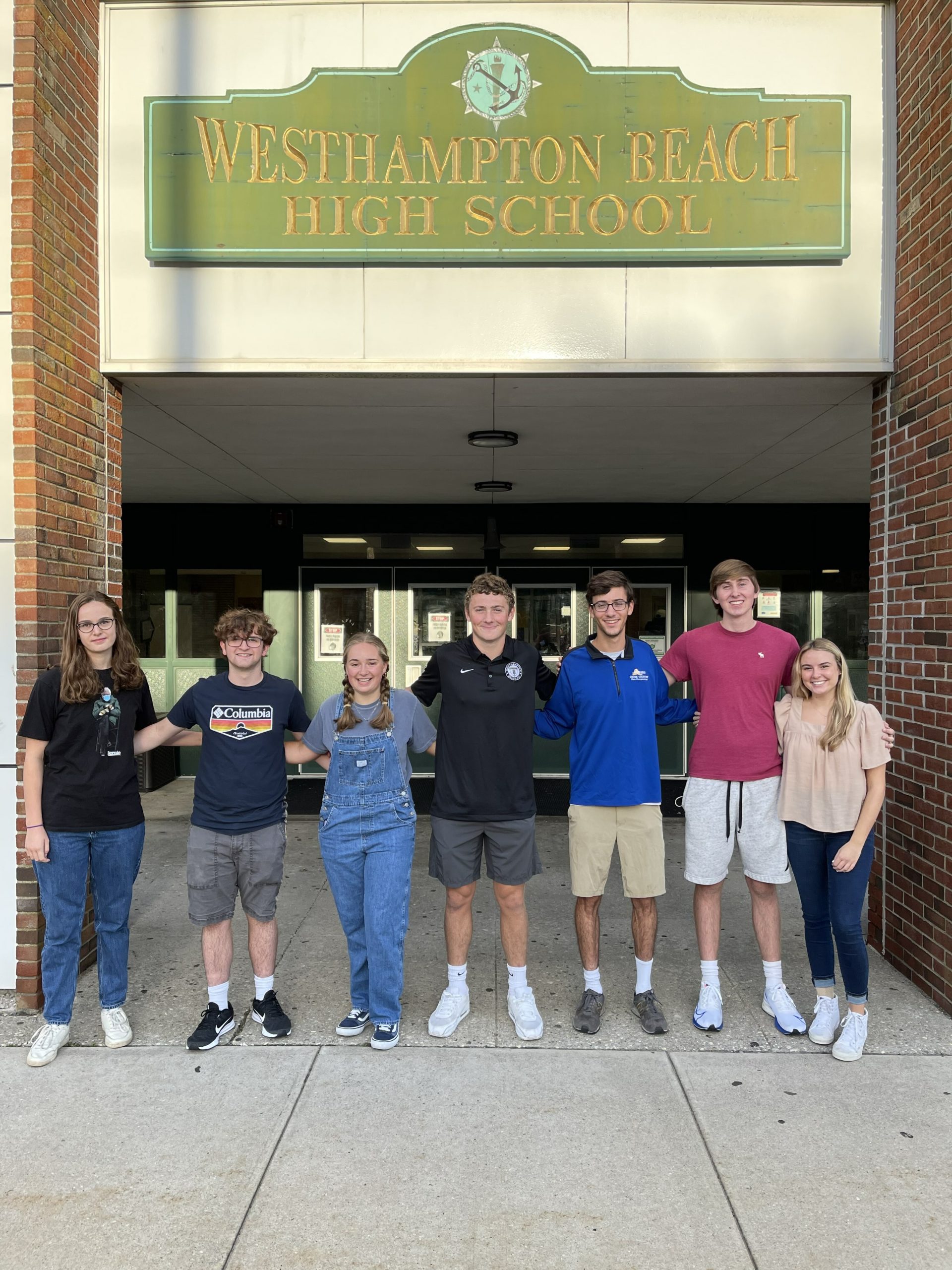 Seven Westhampton Beach High School seniors earned high honors in the National Merit Scholarship Program. From left, Josephine Perl, Joseph Litjens, Ali Jedlicka, Andre Insalaco, Gavin Ehlers, James Daniels and Madison Quinn.