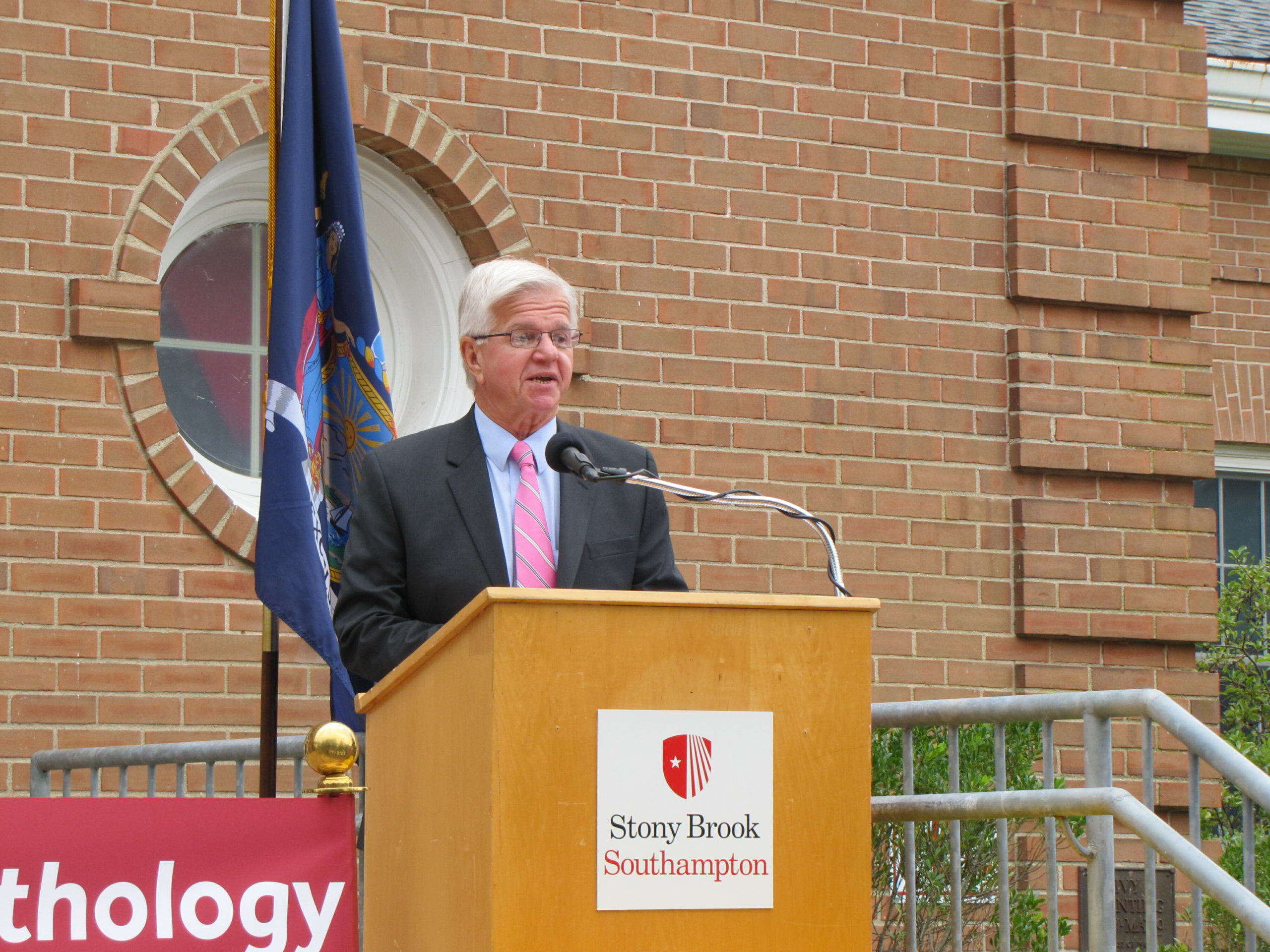 State Assemblyman Fred W. Thiele Jr. spoke as Stony Brook University officially opened its Speech-Language Patholgy Program's new center in the Atlantic Building at the Stony Brook Southampton campus on Friday.