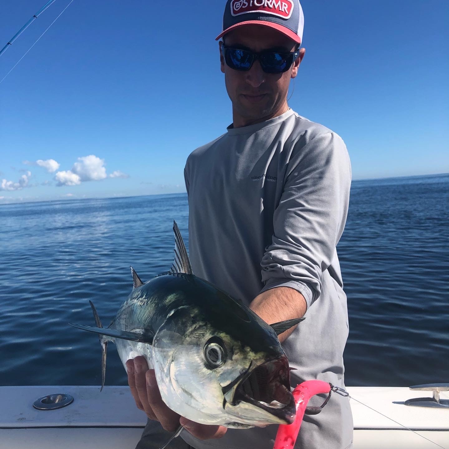 Jake Turner with one of the elusive false albacore that have been holding a few miles off Shinnecock Inlet.