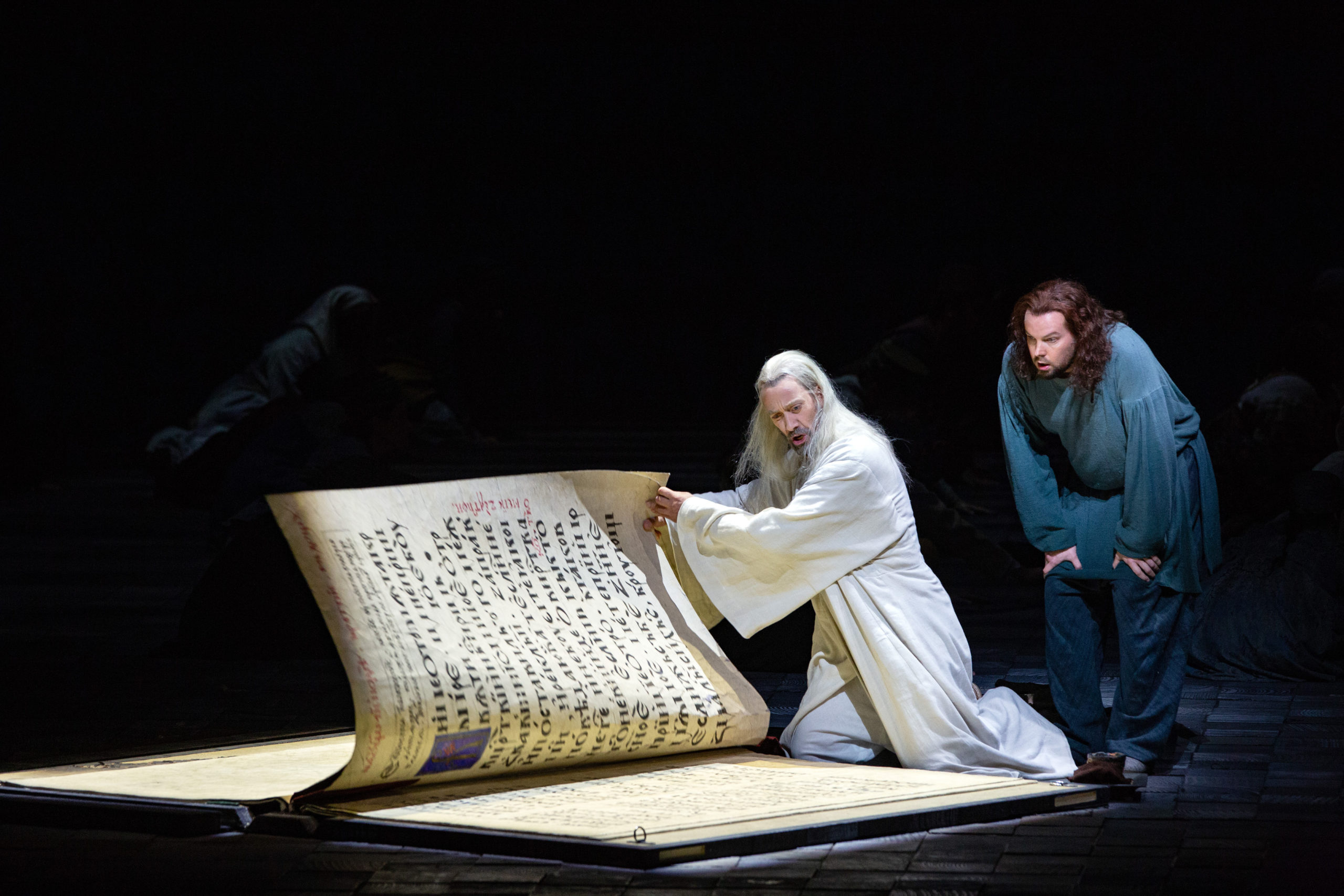 Ain Anger as Pimen and David Butt Philip as Grigory in Mussorgsky’s “Boris Godunov.