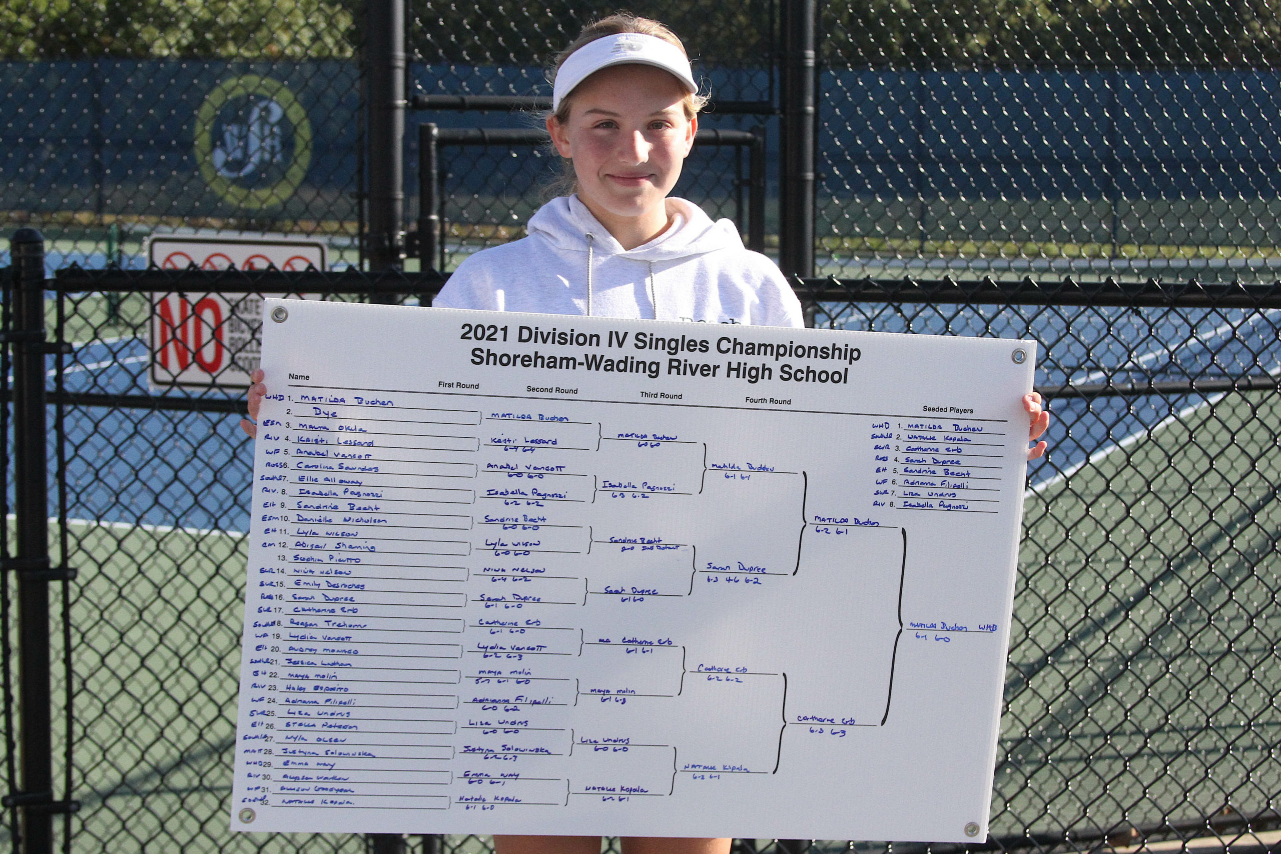 After making it to the finals of the Division IV singles tournament for the second straight season, Westhampton Beach freshman Matilda Buchen won her first title with a 6-1, 6-0 win over Shoreham-Wading River senior Catherine Erb. DESIRÉE KEEGAN