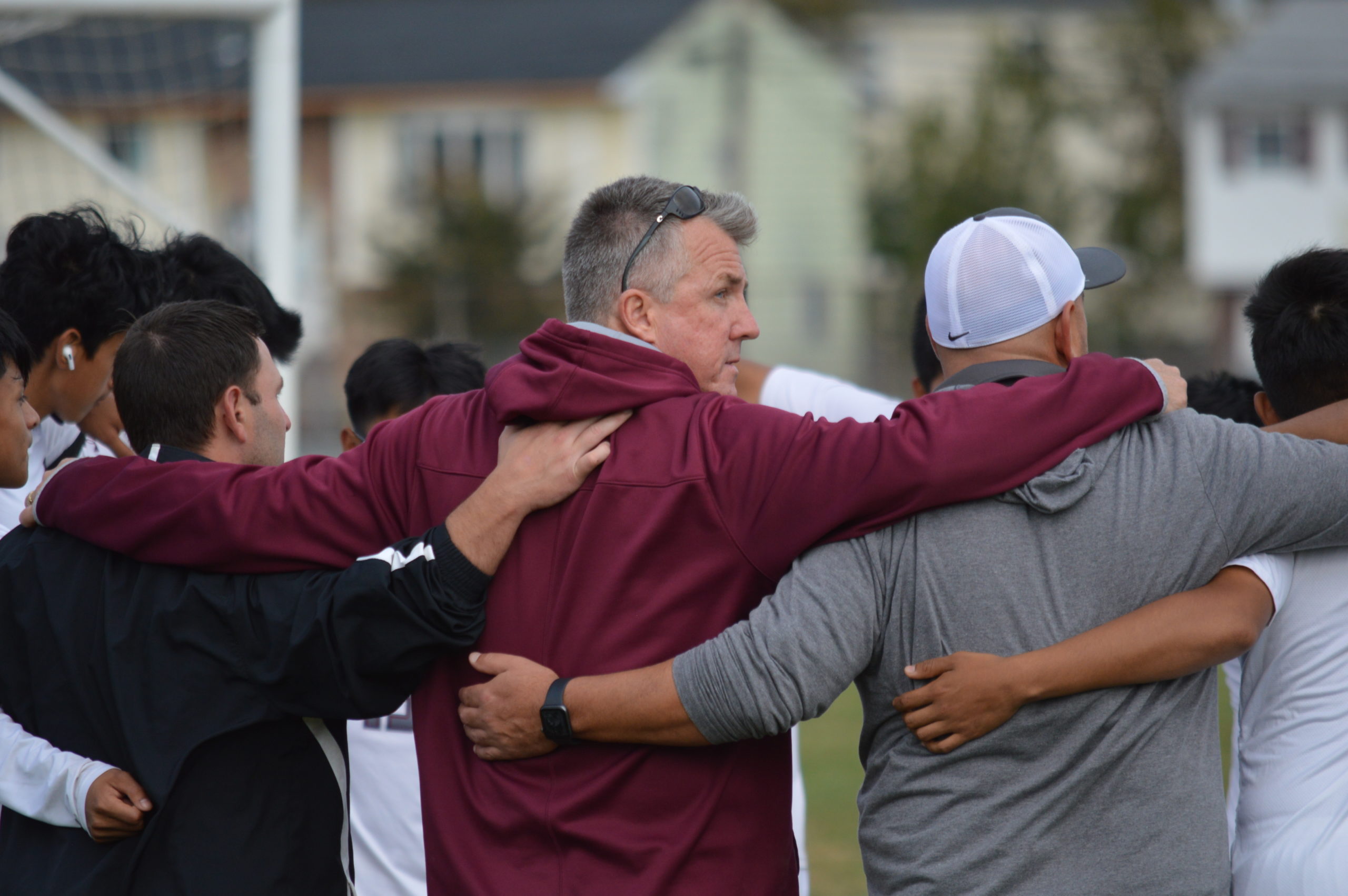 The Bonackers’ pregame huddle was led by head coach Don McGovern prior to Monday’s Suffolk County Class A outbracket game against Wyandanch, which knocked East Hampton from the postseason with a 5-0 victory.
