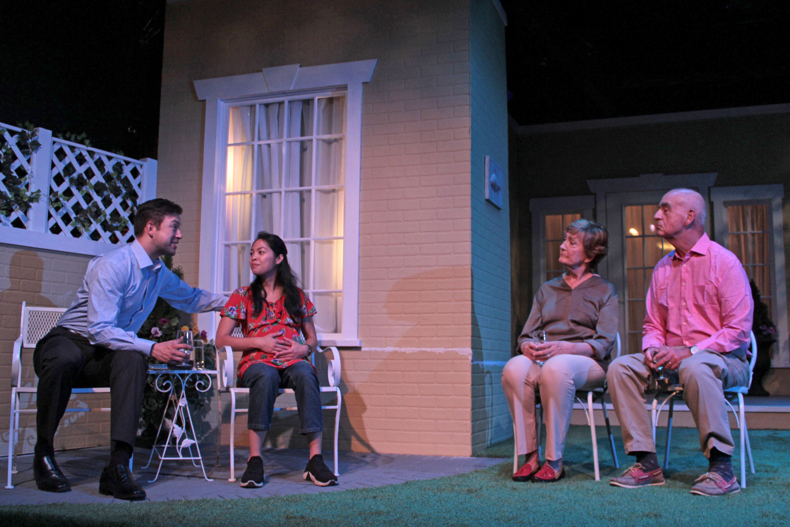 Edwin Alexander Cruz, Samantha Herrera, Martha Kelly and Terrance Fiore in rehearsal for “Native Gardens” running through November 7 at Hampton Theatre Company.