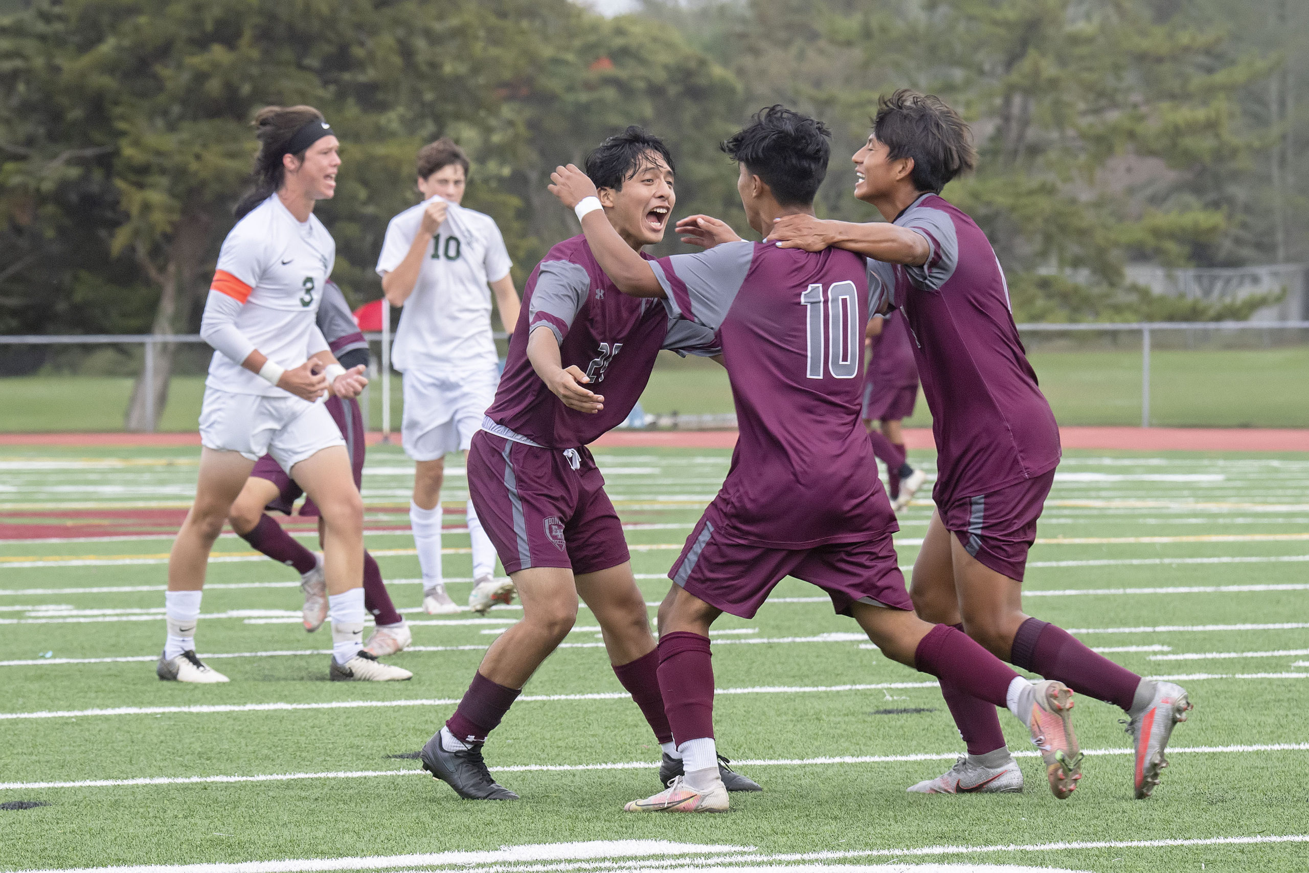 The Bonackers celebrate after scoring their second goal in what ended up being a big 3-1 victory over Harborfields this past Saturday.