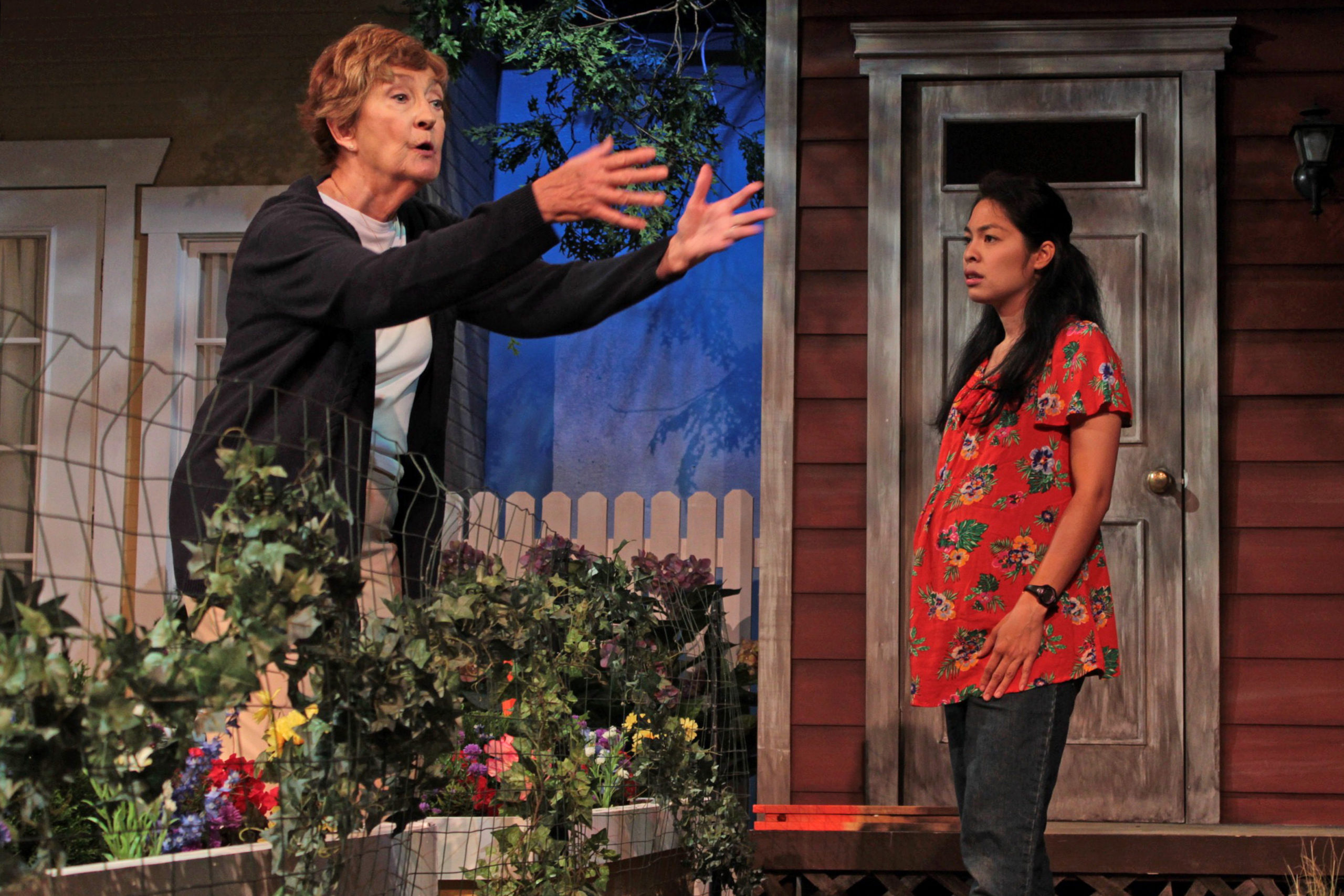 Martha Kelly and Samantha Herrera in rehearsal for “Native Gardens” running through November 7 at Hampton Theatre Company.