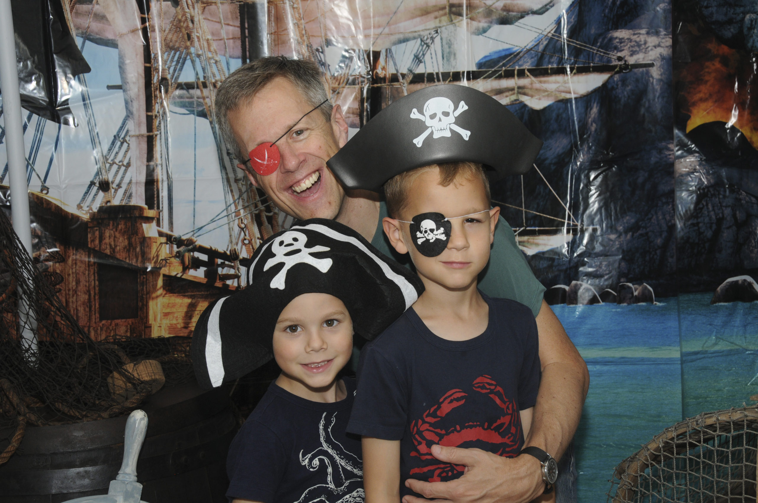 Steve Long with his sons Grant and Bennett at the East Hampton Historical Society's  third annual Amagansett Maritime Heritage Day on Saturday. Besides free admission to the Marine Museum, visitors enjoyed three floors of fun, including crafts for children, the Museum's exhibits, Plein Air painting and pirate-themed selfies. Barbara Borsack read from her children's book 