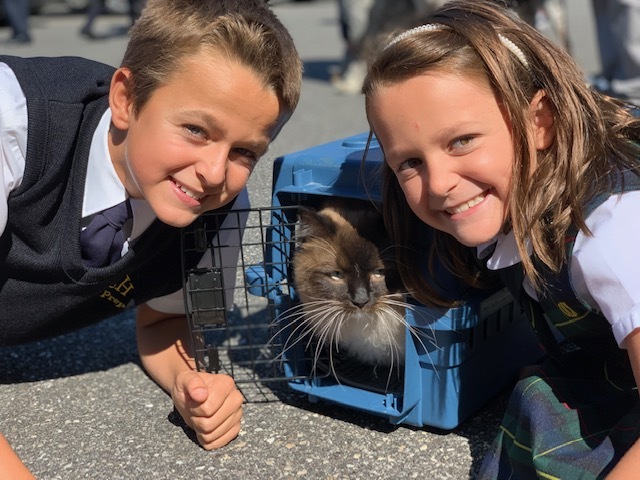 Our Lady of the Hamptons School student Jan Gredysa and  sister, Helena, brought their cat for the annual Blessing of the Animals.