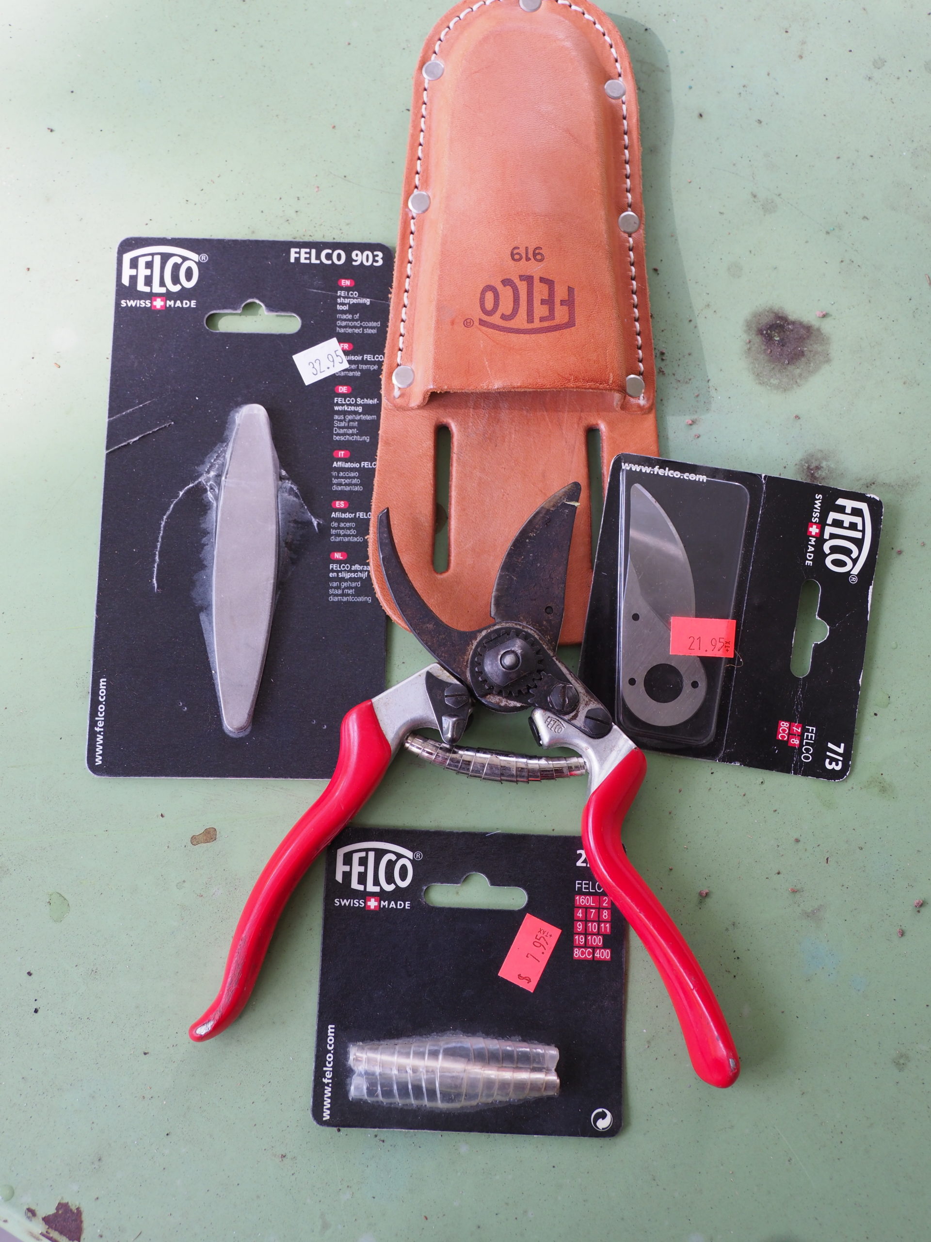 Pruning equipment like this Felco #2 hand pruner (the Hampton Gardener’s favorite) should be checked for repairs and worn parts. The most basic parts are the blade (right) and the spring (bottom) but you should also have a sharpening tool (left) and keep your blade sharp at all times. Keep a spare blade; they always come in handy.
