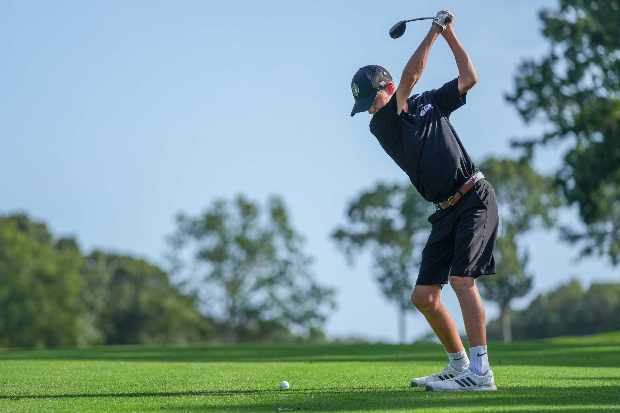 Charlie Beasley of Westhampton Beach gets set to drive a ball at Noyac Golf Club on September 23.