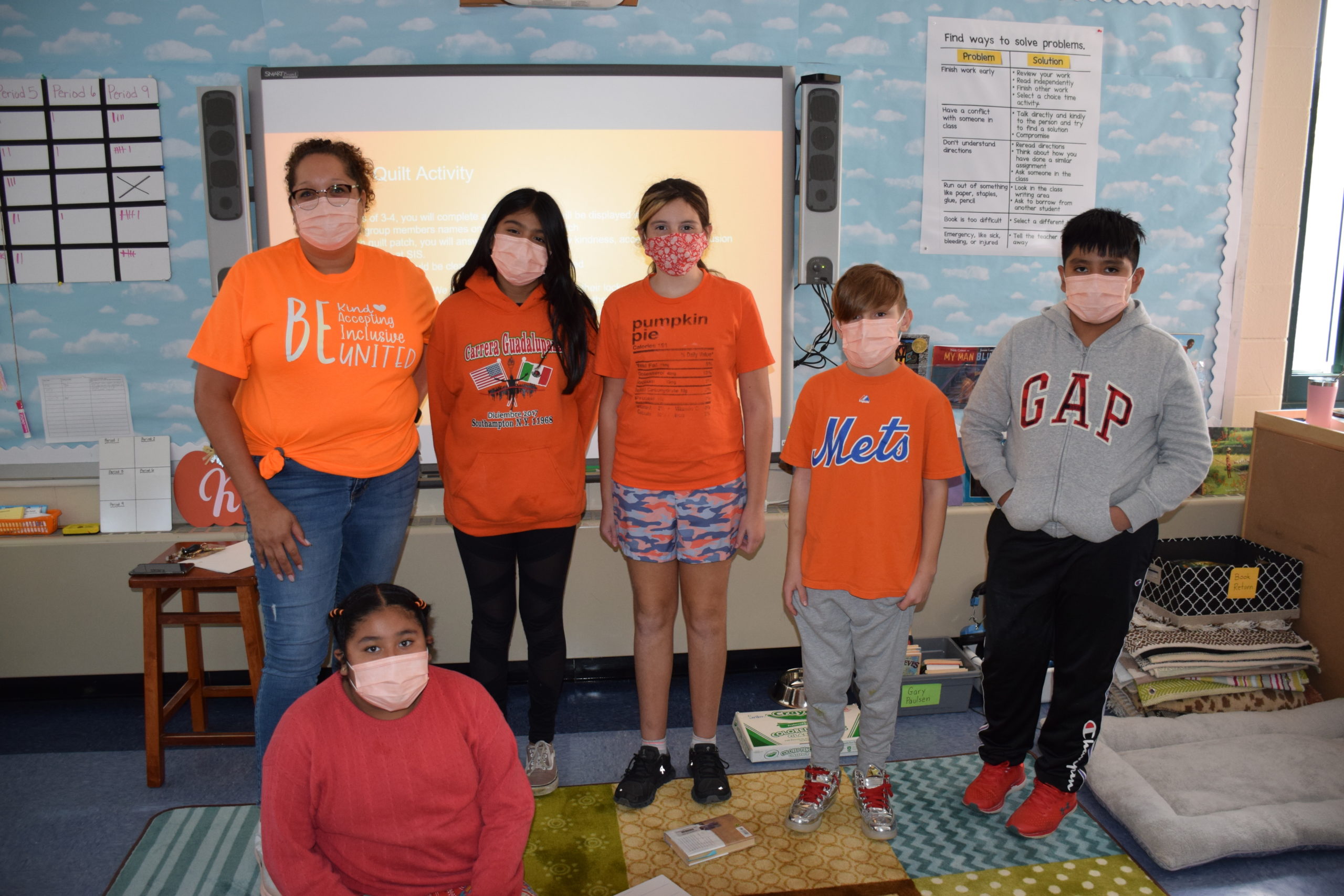 The halls and classrooms of Southampton Intermediate School were filled with the color orange as students and staff celebrated Unity Day on October. 20. The annual event was sponsored by the school’s guidance department. Wearing orange shirts and face masks, the students created a paper “unity quilt” with each quilt piece representing a student’s thoughts on acceptance, kindness and inclusion. All of the pieces will be “sewn” together and displayed in the school’s main hallway.