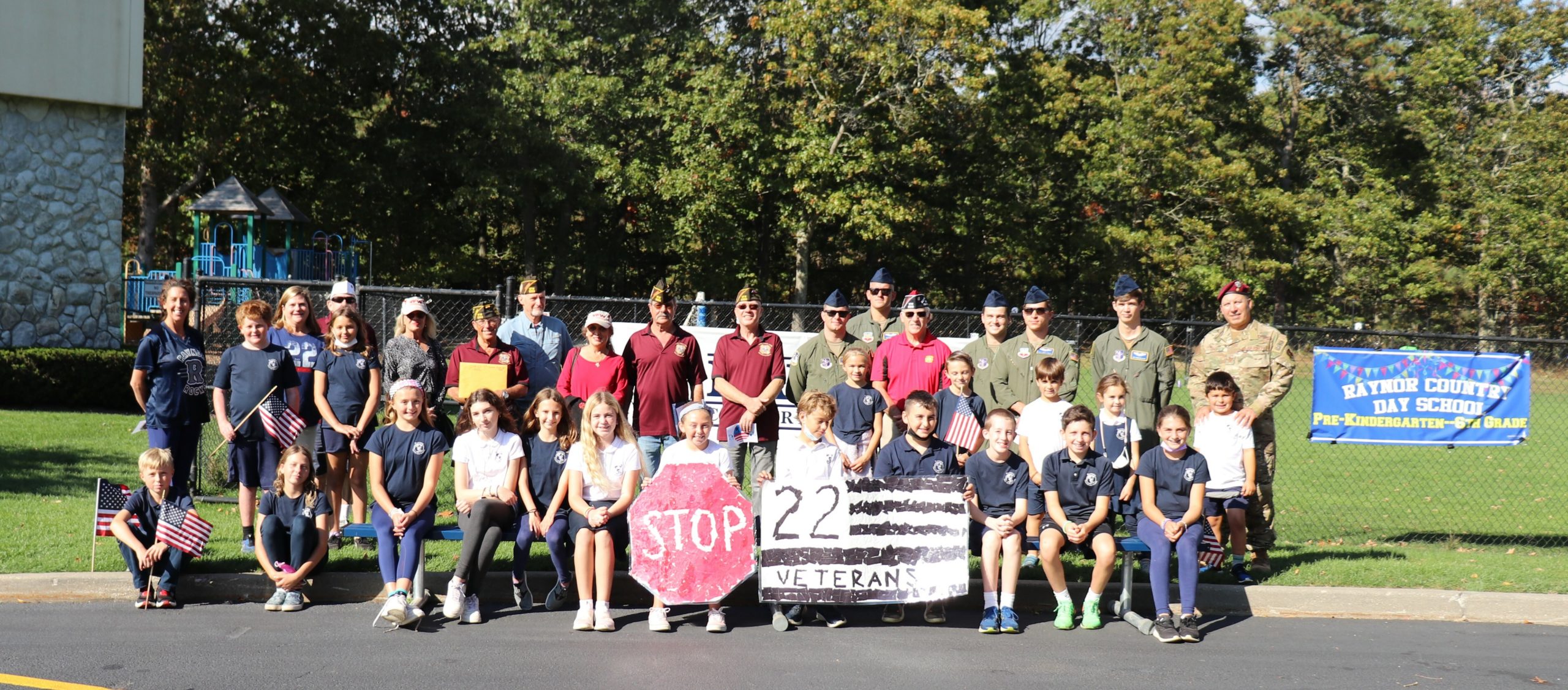 On October 22 VFW Post 5350 partnered with Raynor Country Day School staff, students, parents, military members and veterans to highlight and support the VFW STOP 22 program which aims to bring awareness to and help eliminate the deaths by suicide that have been occurring in our military and veteran population.  A total of 200 supporters all walked for 22 minutes on the Raynor campus and contributed monetarily to the STOP22 program.