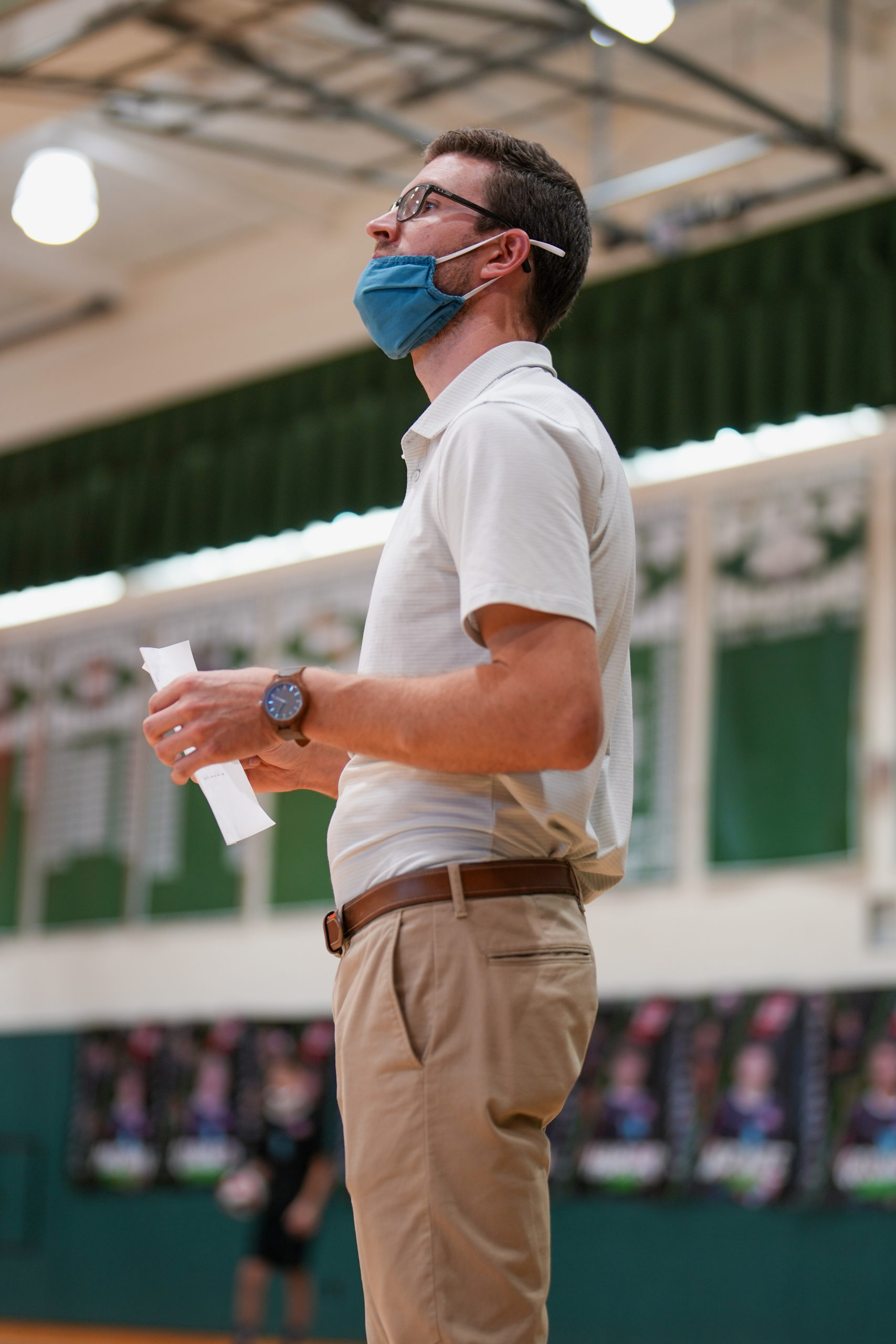 Westhampton Beach boys volleyball head coach Josh Tuttle looks on as his team takes care of Sachem North in three sets on Thursday, October 21.