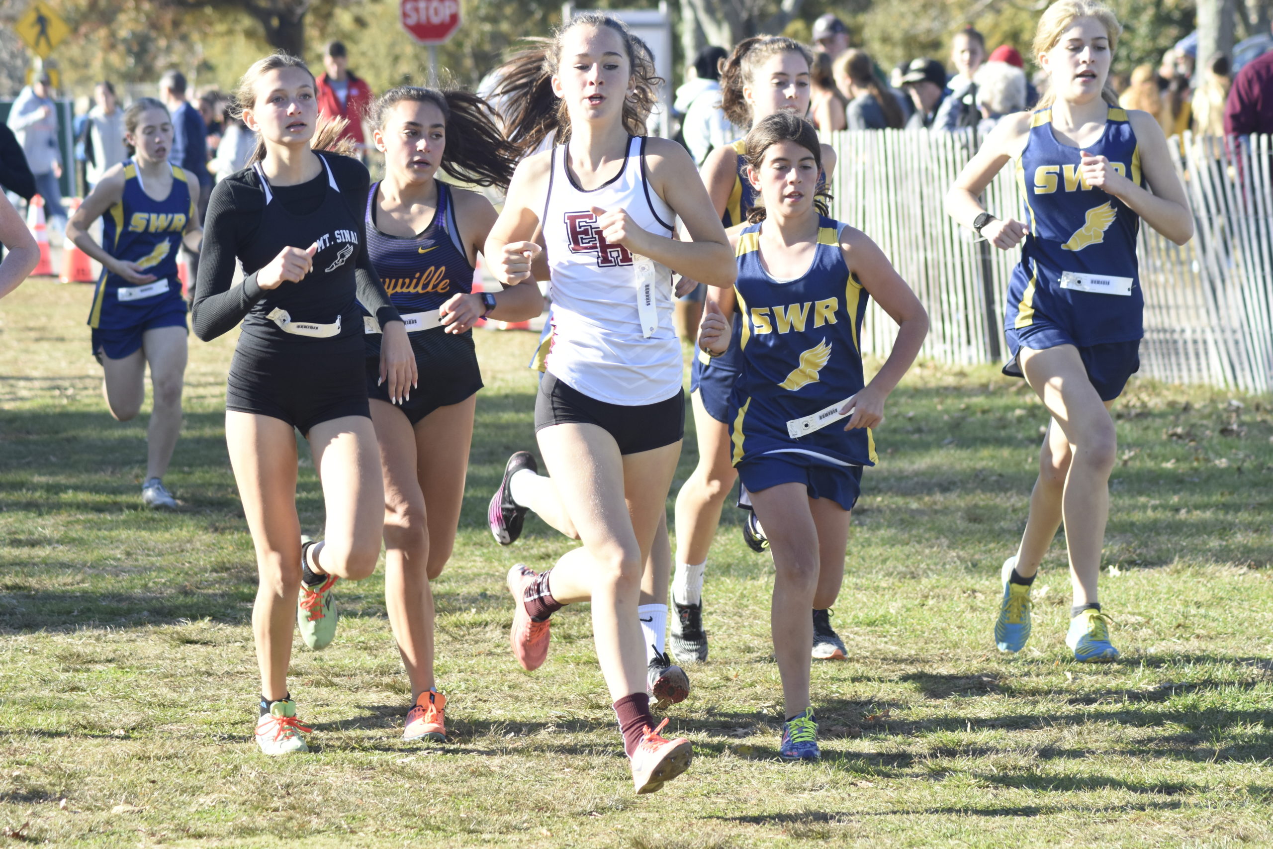 East Hampton sophomore Dylan Cashin at the front of the pack of Friday's Class B girls race.