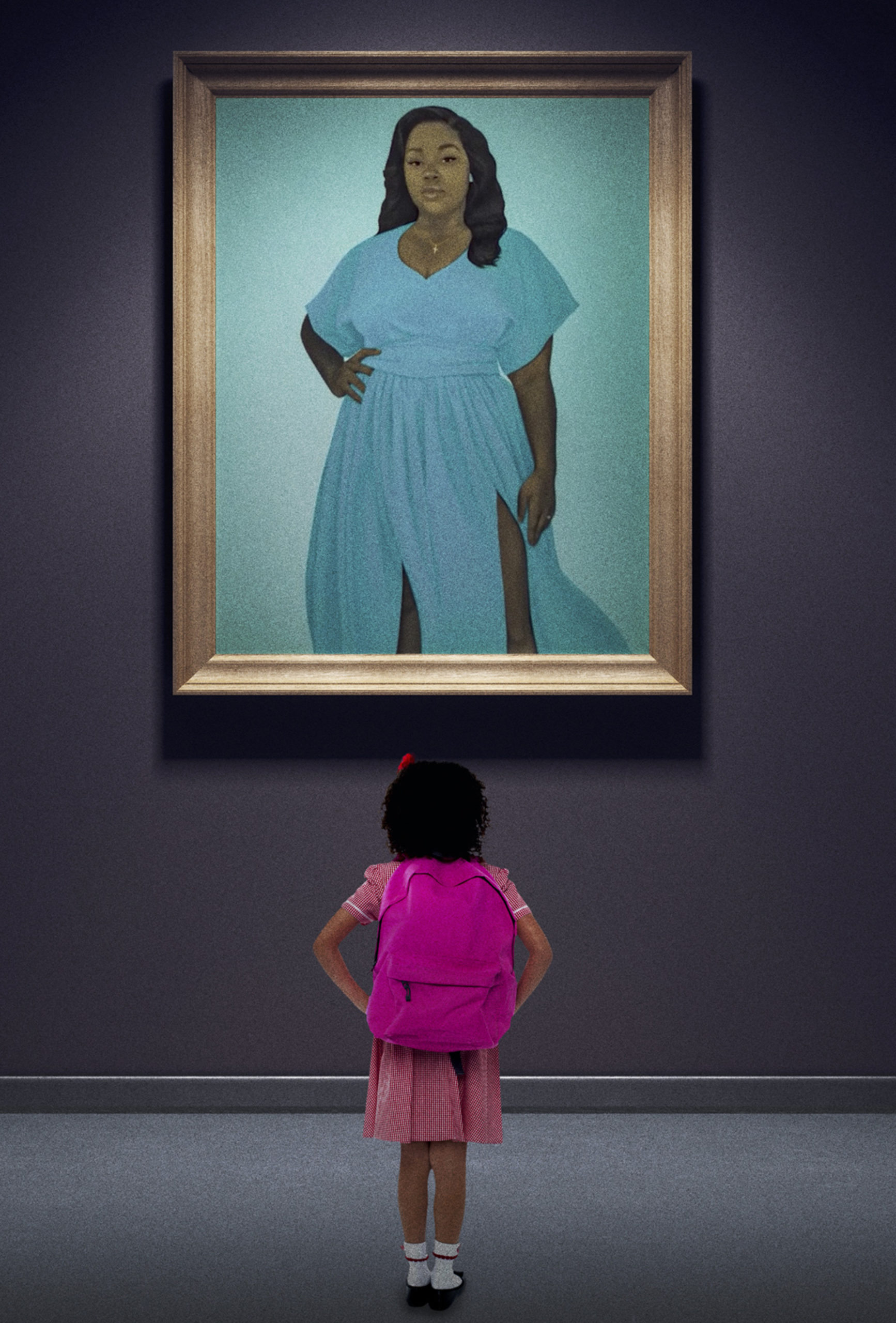 A film still from Dawn Porter's film “Bree Wayy”
featuring a little girl looking at the portrait of Breonna Taylor painted by African American artist Amy Sherald, who is famous for painting the official portrait of Michelle Obama.