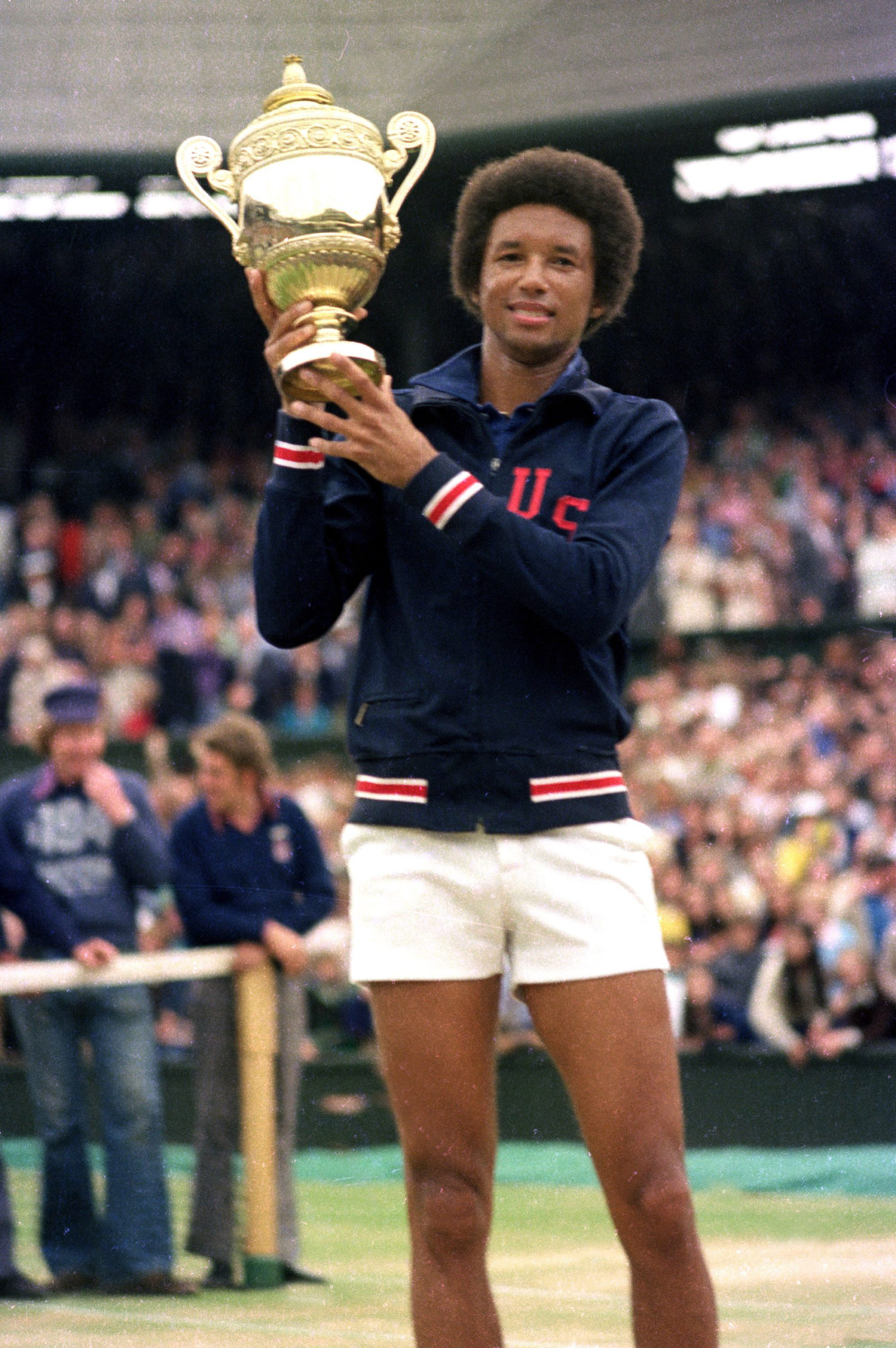 An image of Arthur Ashe at Wimbledon in 1975 from the film 