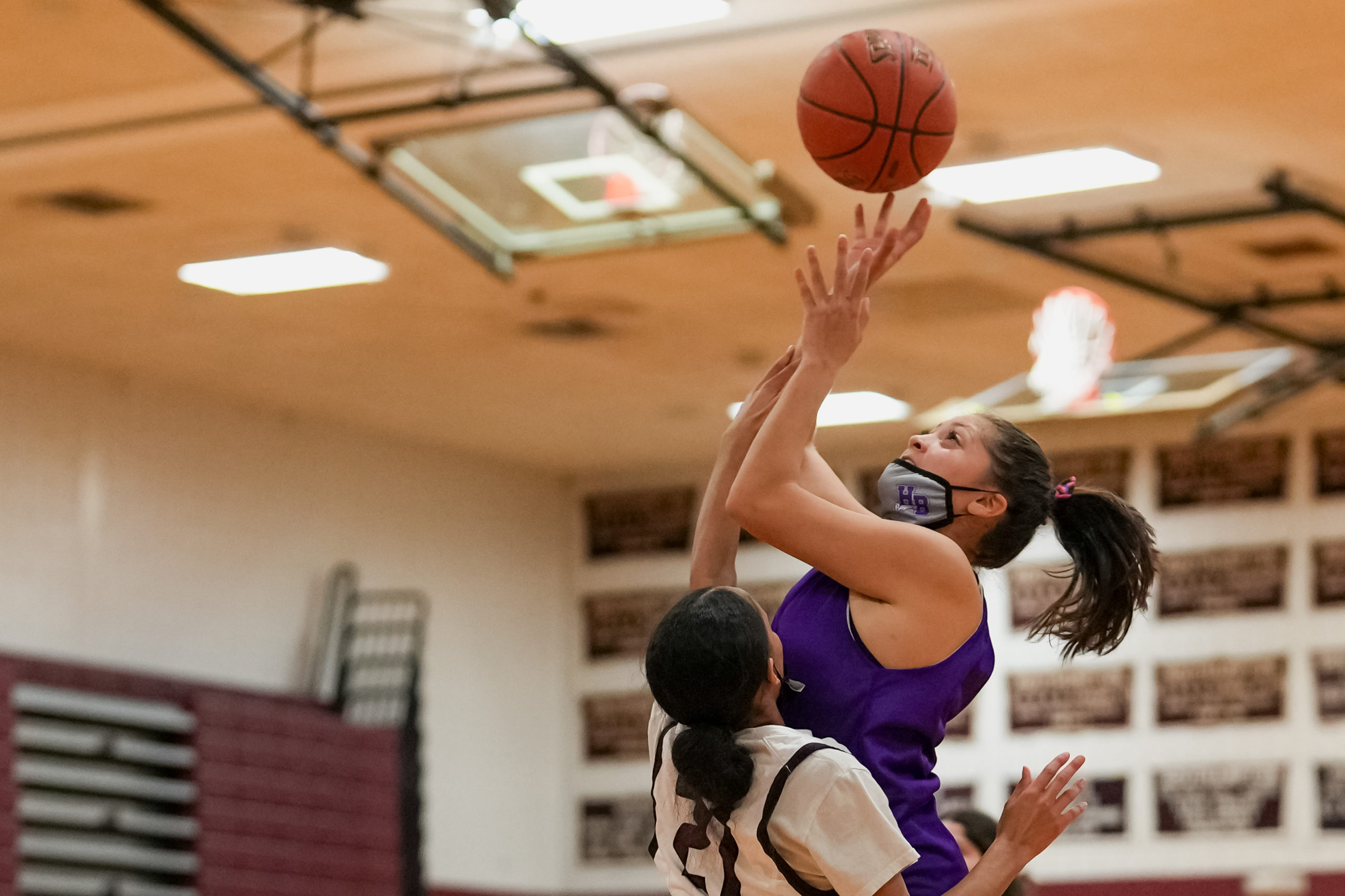 Mia Camey of Hampton Bays goes up toward the basket in a scrimmage at Southampton on Monday.